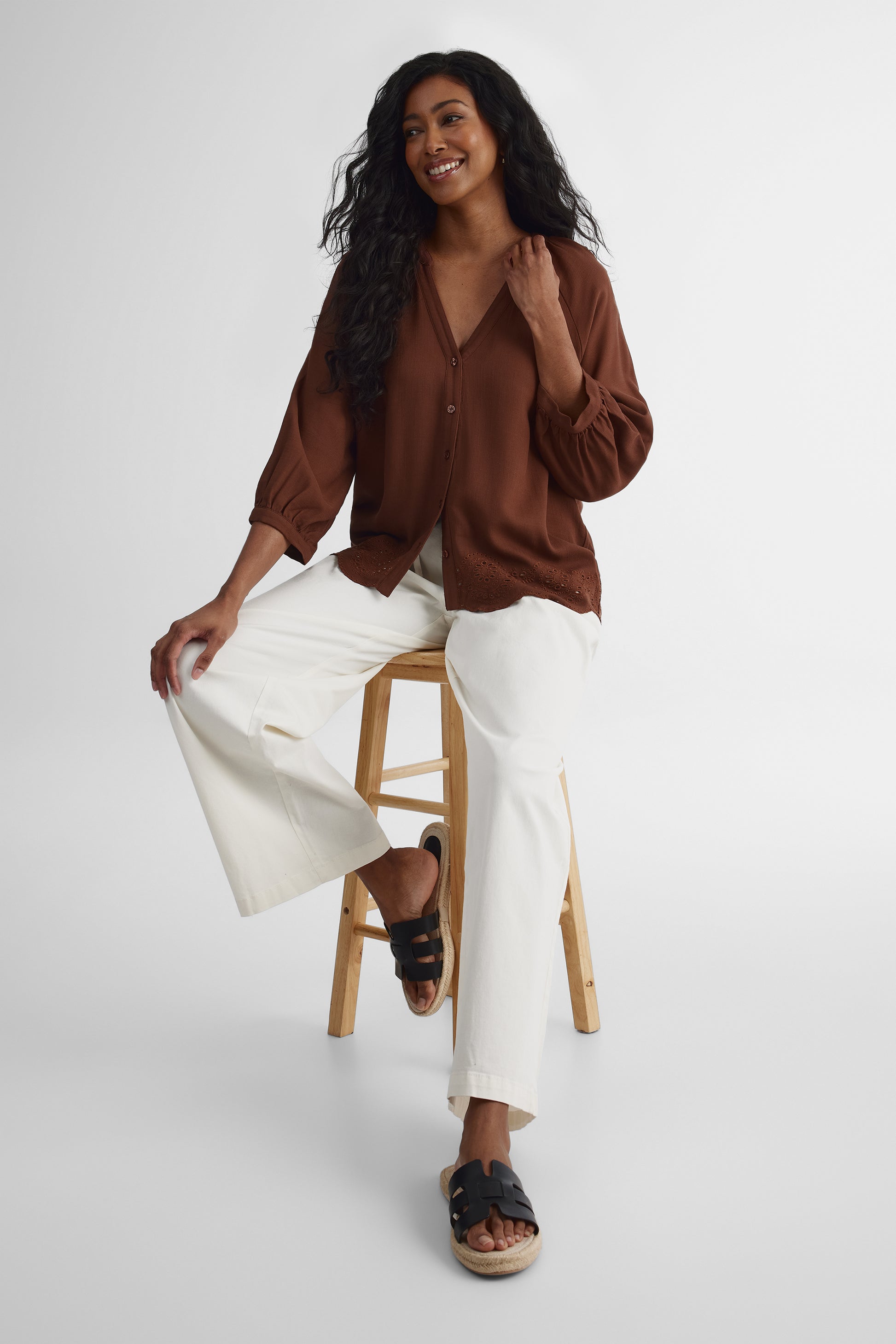 Blouse manches aux coudes col ouvert - Femme && BRUN
