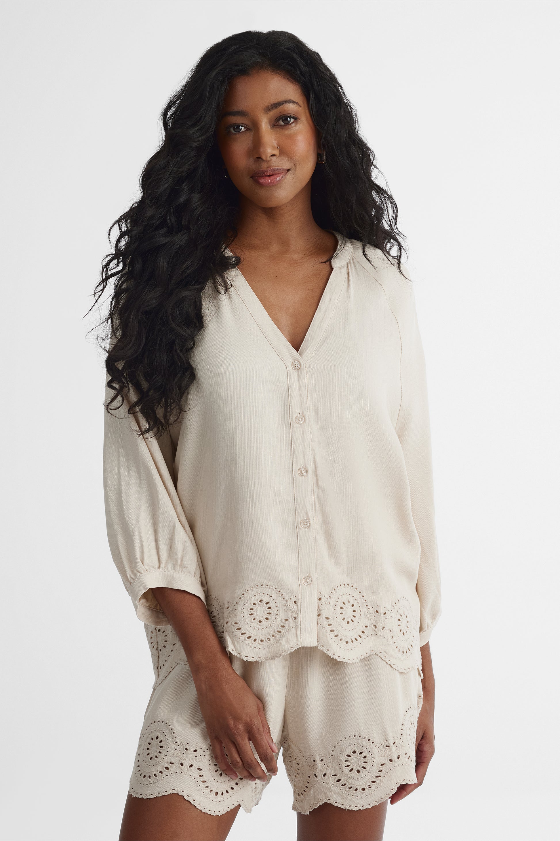 Blouse manches aux coudes col ouvert - Femme && NATUREL