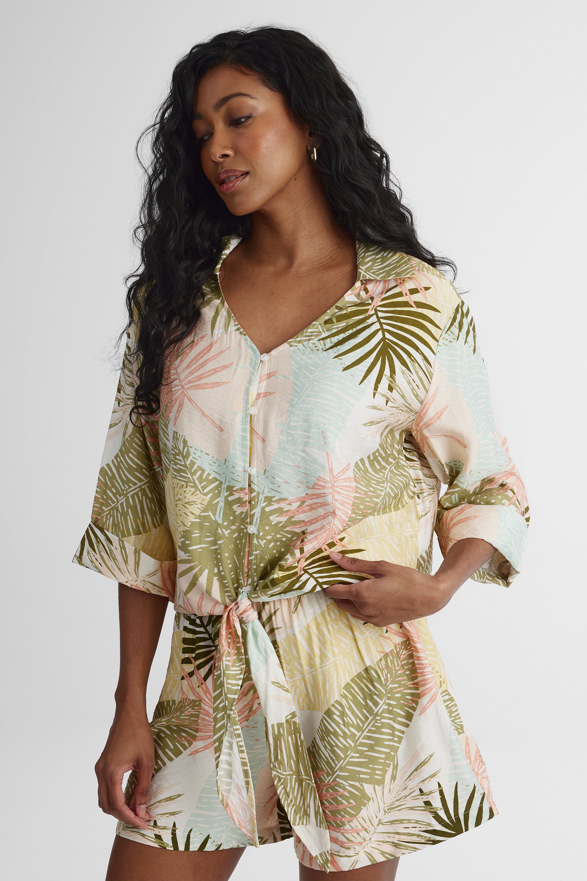 Chemisier à manches au coude noué - Femme && VERT/MULTI
