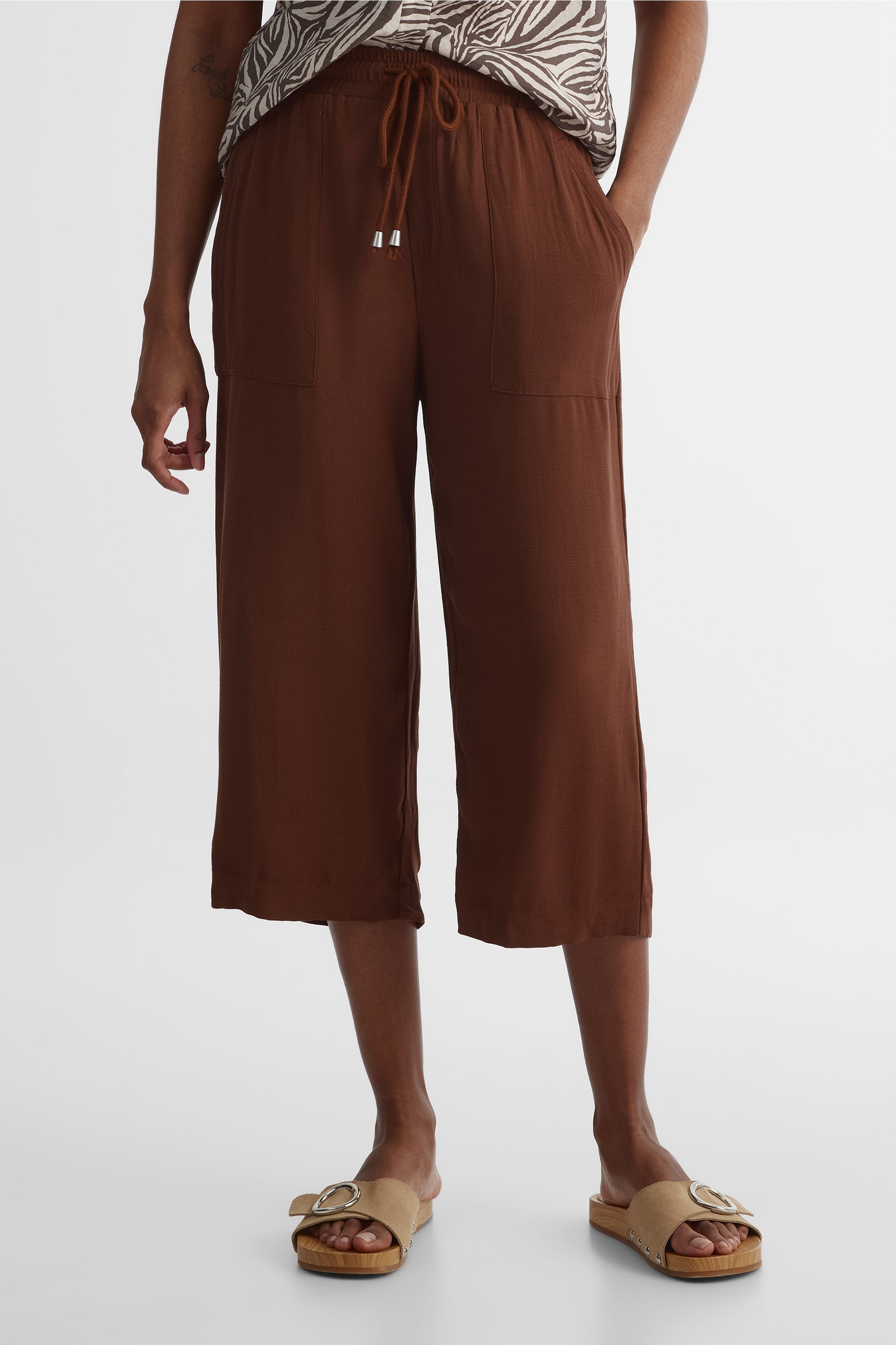 Pantalon capri taille haute - Femme && BRUN