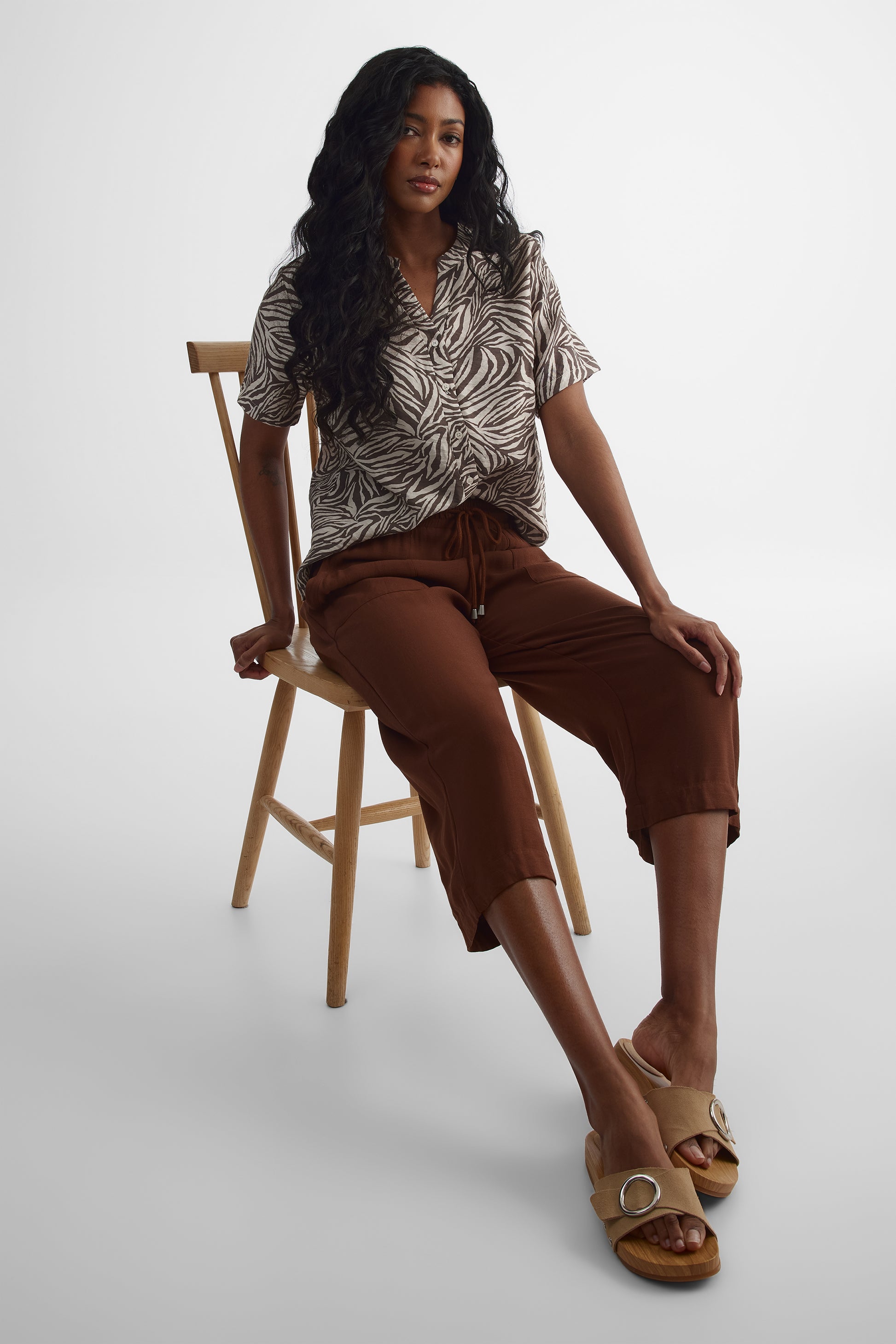 Pantalon capri taille haute - Femme && BRUN