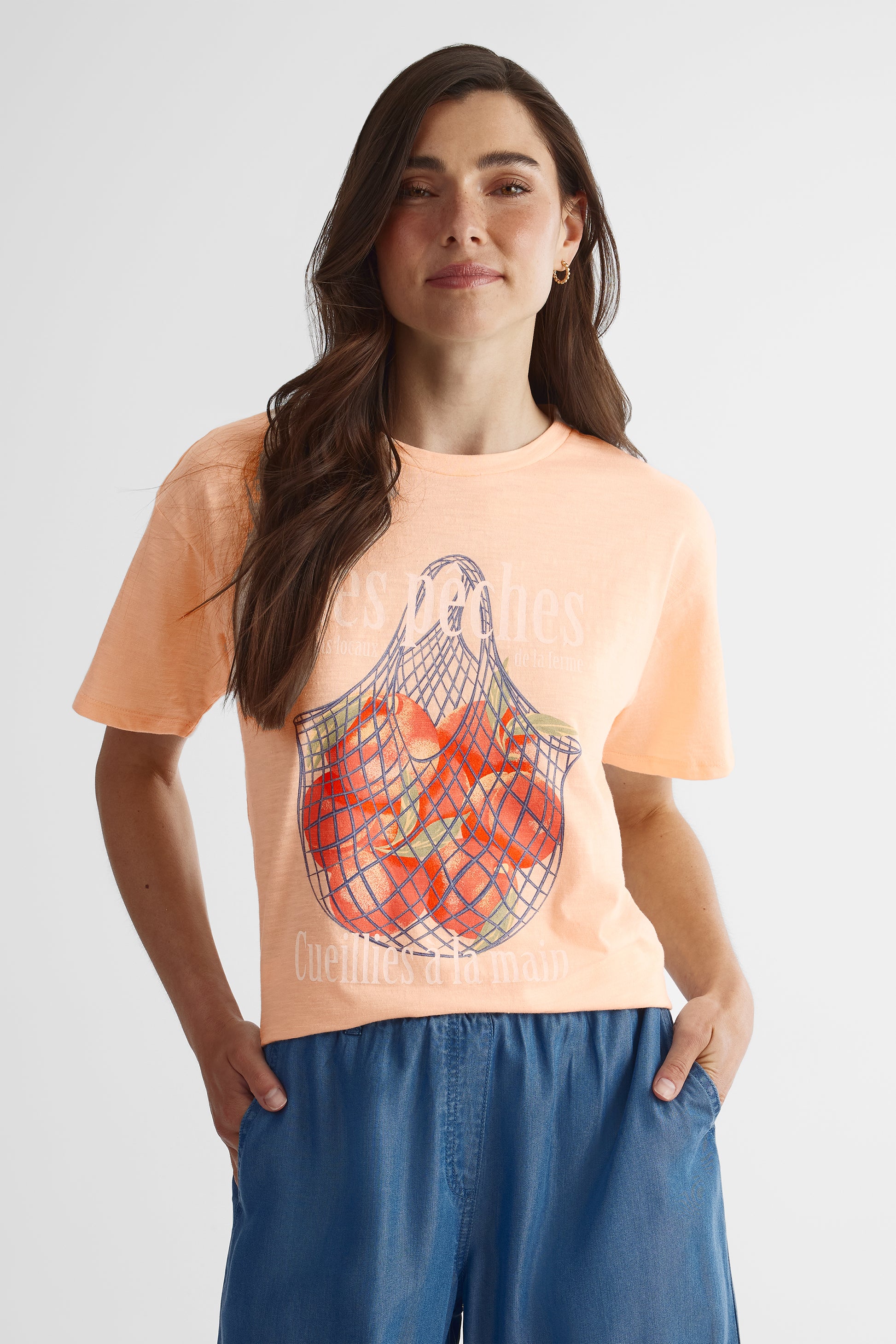 T-shirt ample col rond imprimé graphique - Femme && ABRICOT