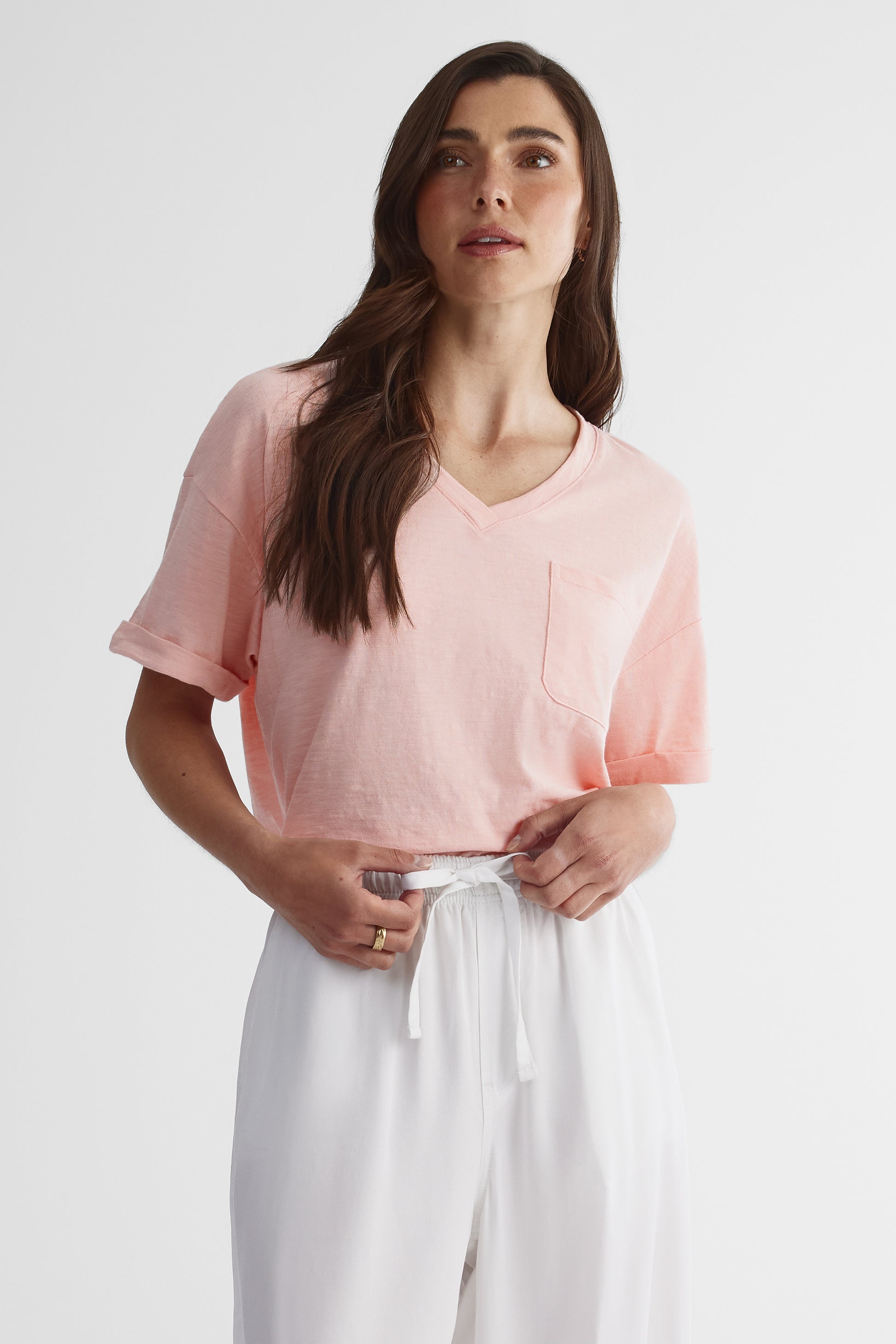 T-shirt ample col V avec poche - Femme && ROSE