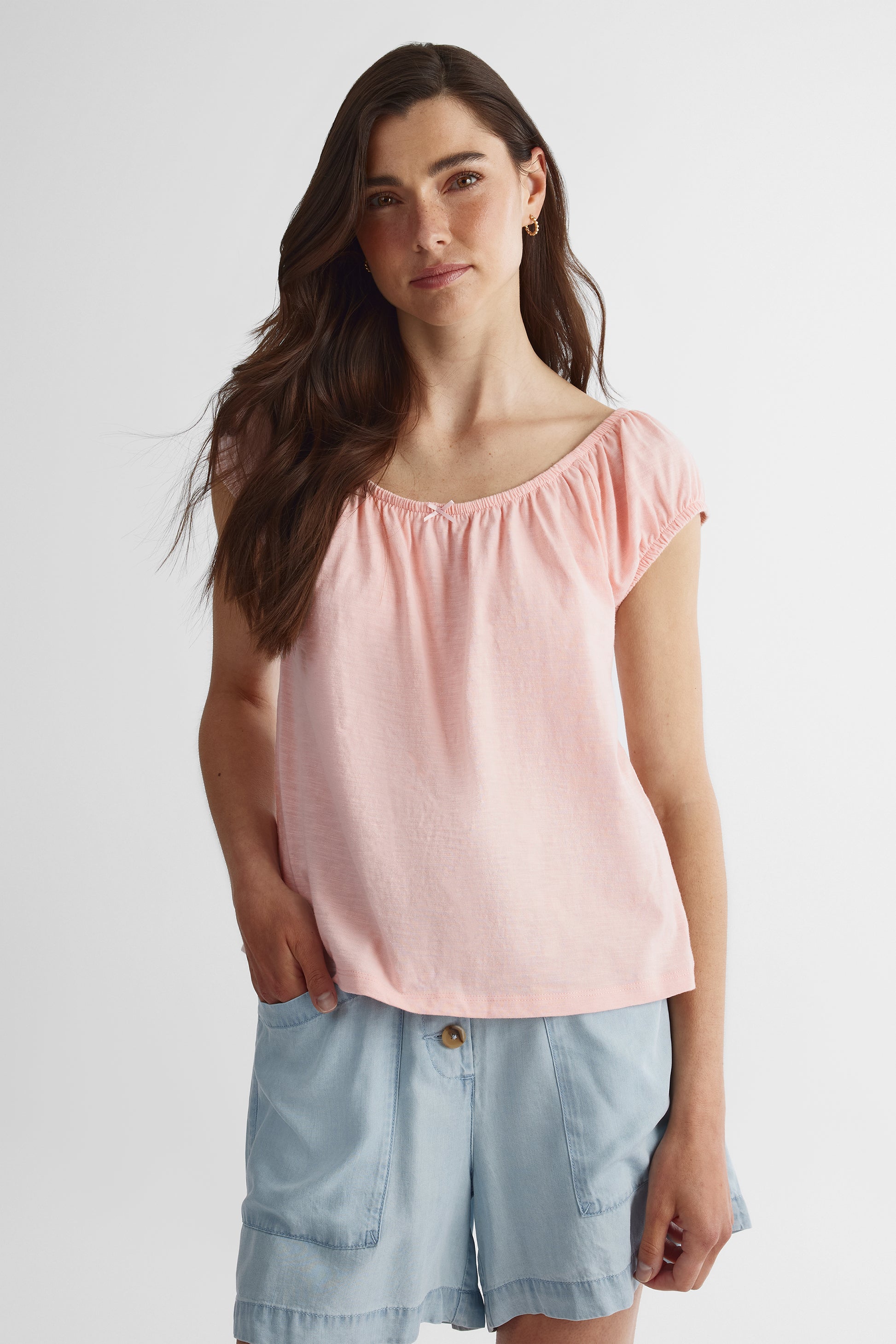 Chandail manches courtes encolure froncée - Femme && ROSE