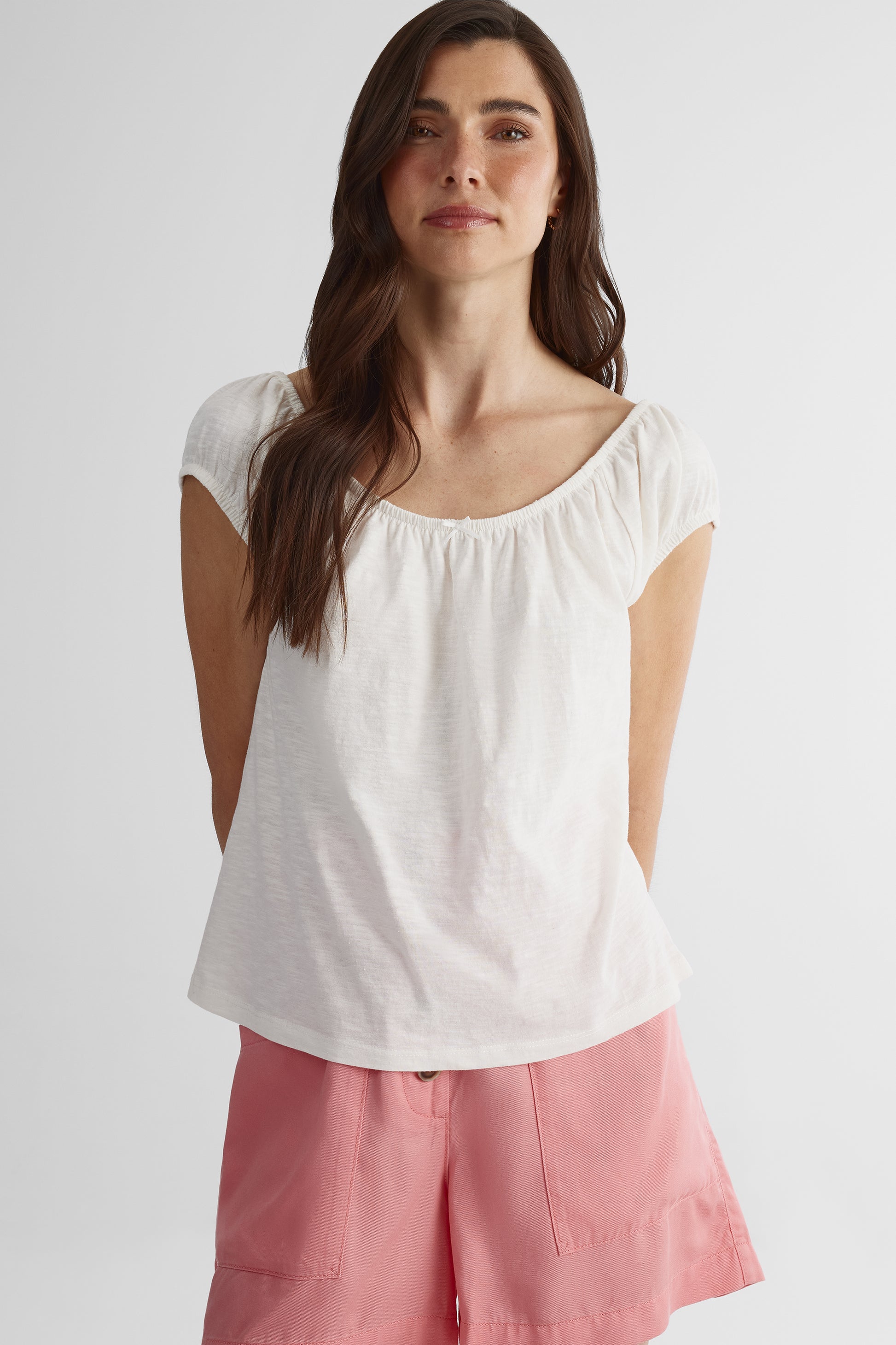 Chandail manches courtes encolure froncée - Femme && BEIGE