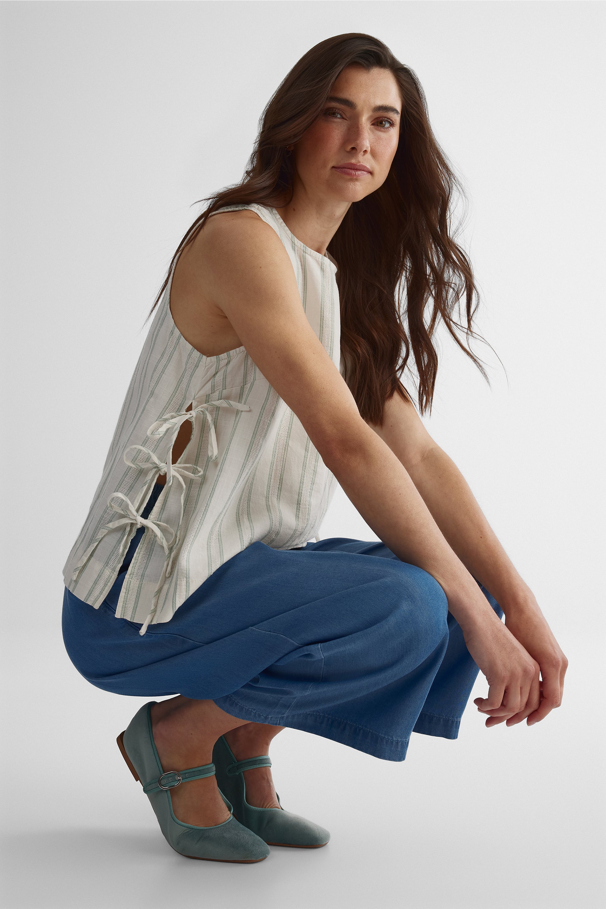 Camisole ample en coton rayé à noeuds - Femme && VERT/MULTI
