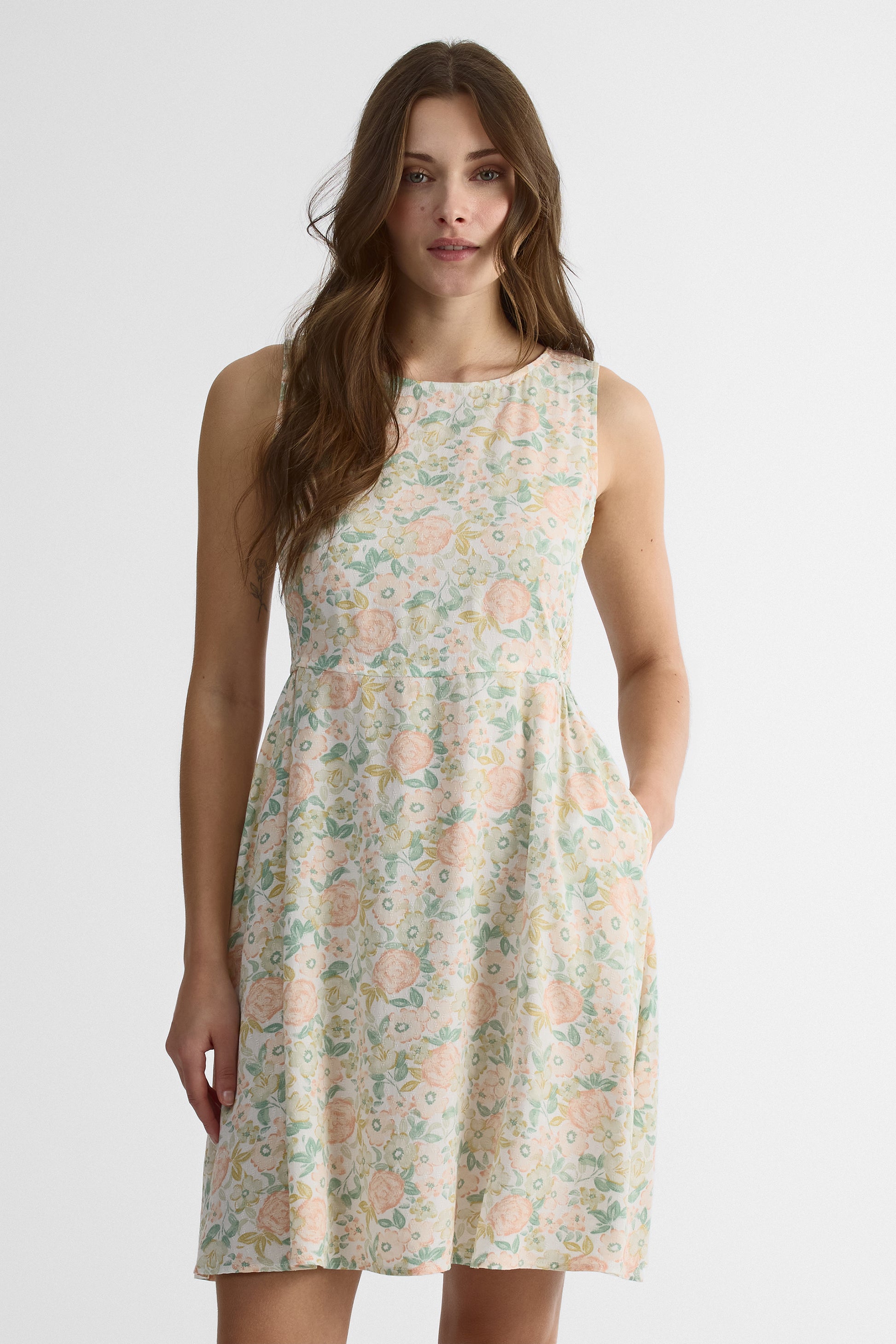 Robe smocking à manches courtes - Femme && ABRICOT