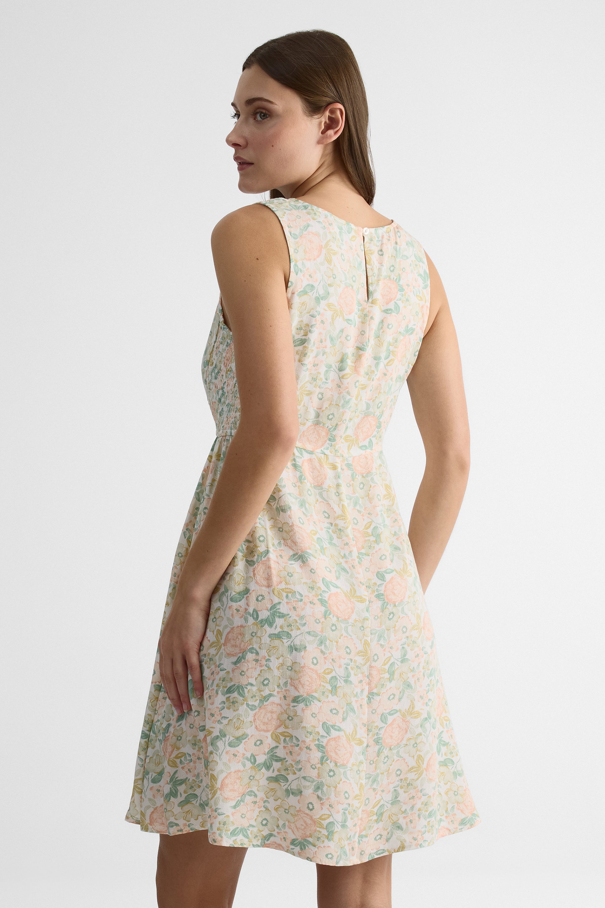 Robe smocking à manches courtes - Femme && ABRICOT