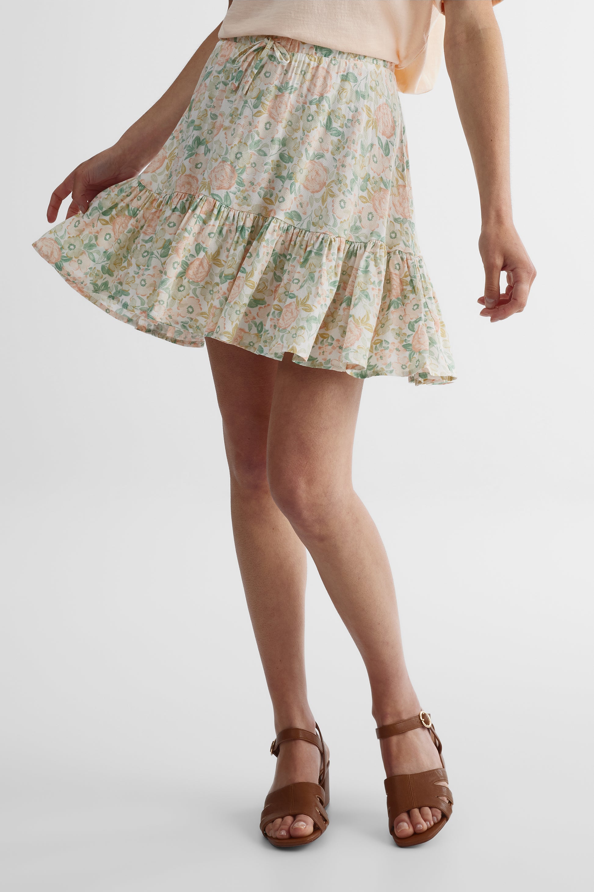 Jupe taille haute à cordon en viscose texturée - Femme && ABRICOT