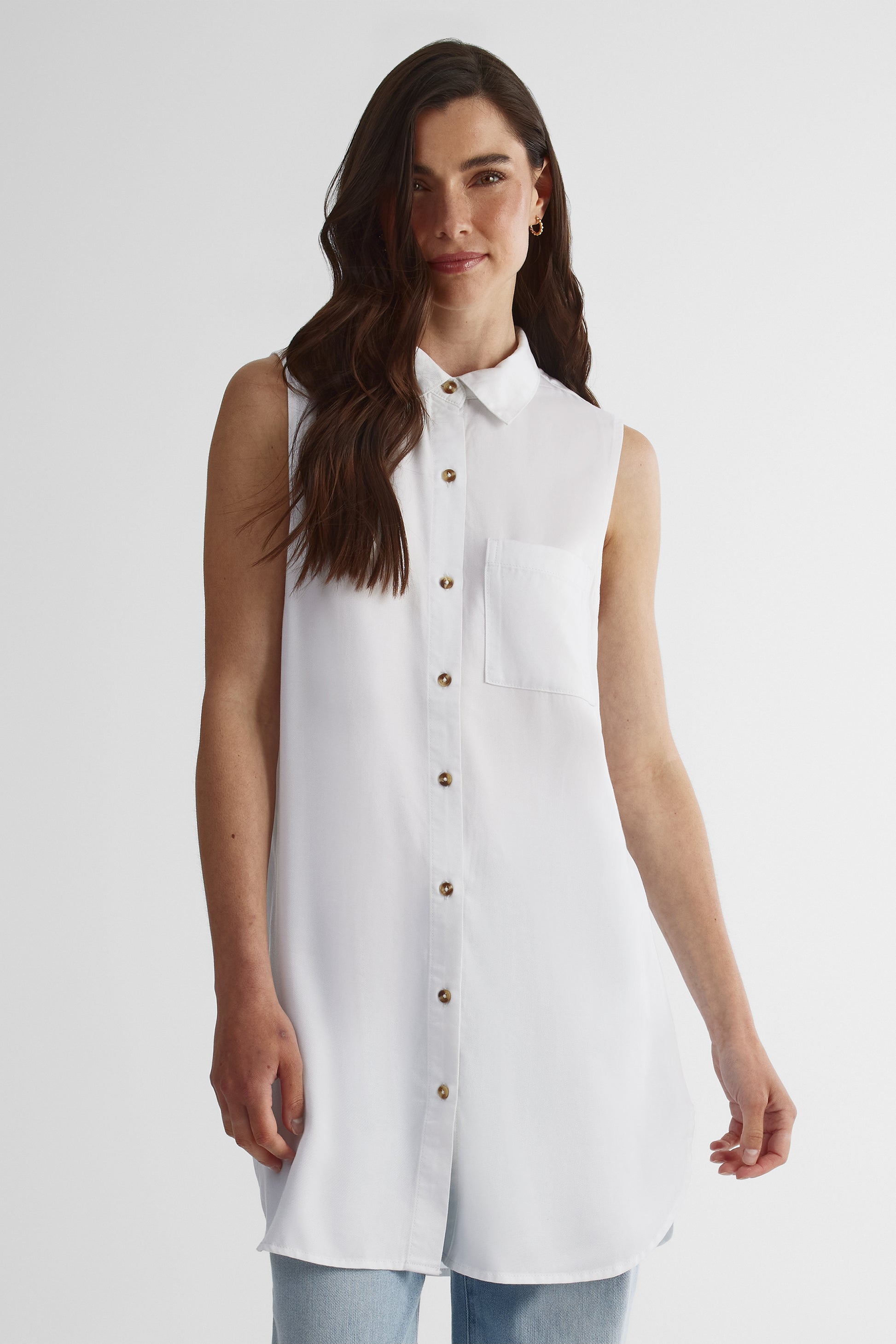 Chemisier tunique sans manches à poche - Femme && BLANC