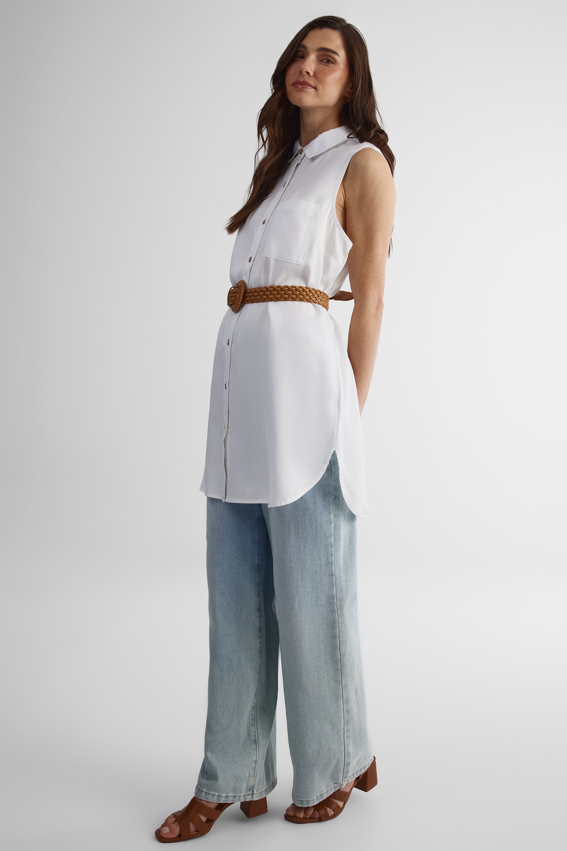 Chemisier tunique sans manches à poche - Femme && BLANC