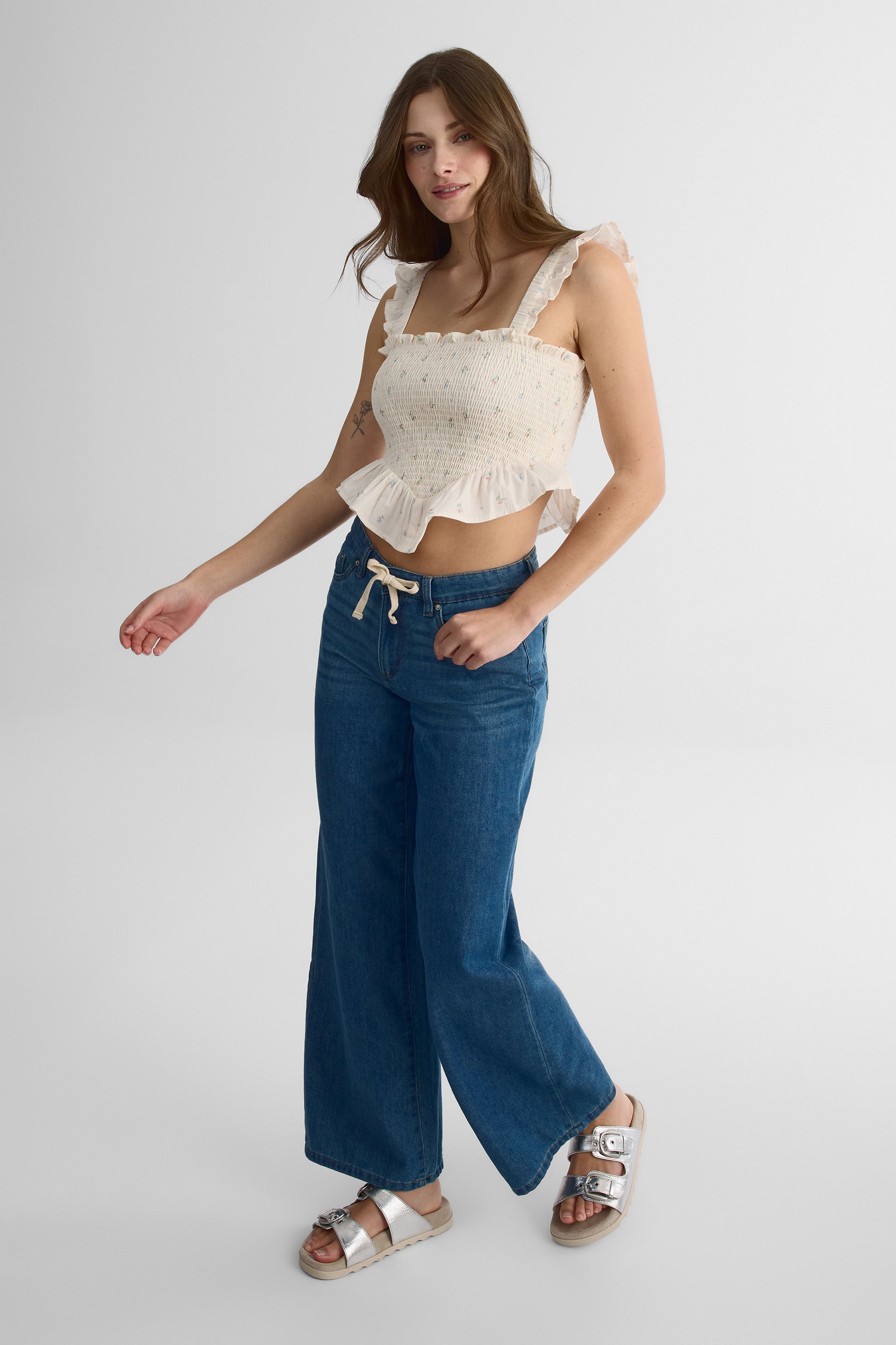 Camisole smocking à bretelles élastiques - Femme && BEIGE/MULTI
