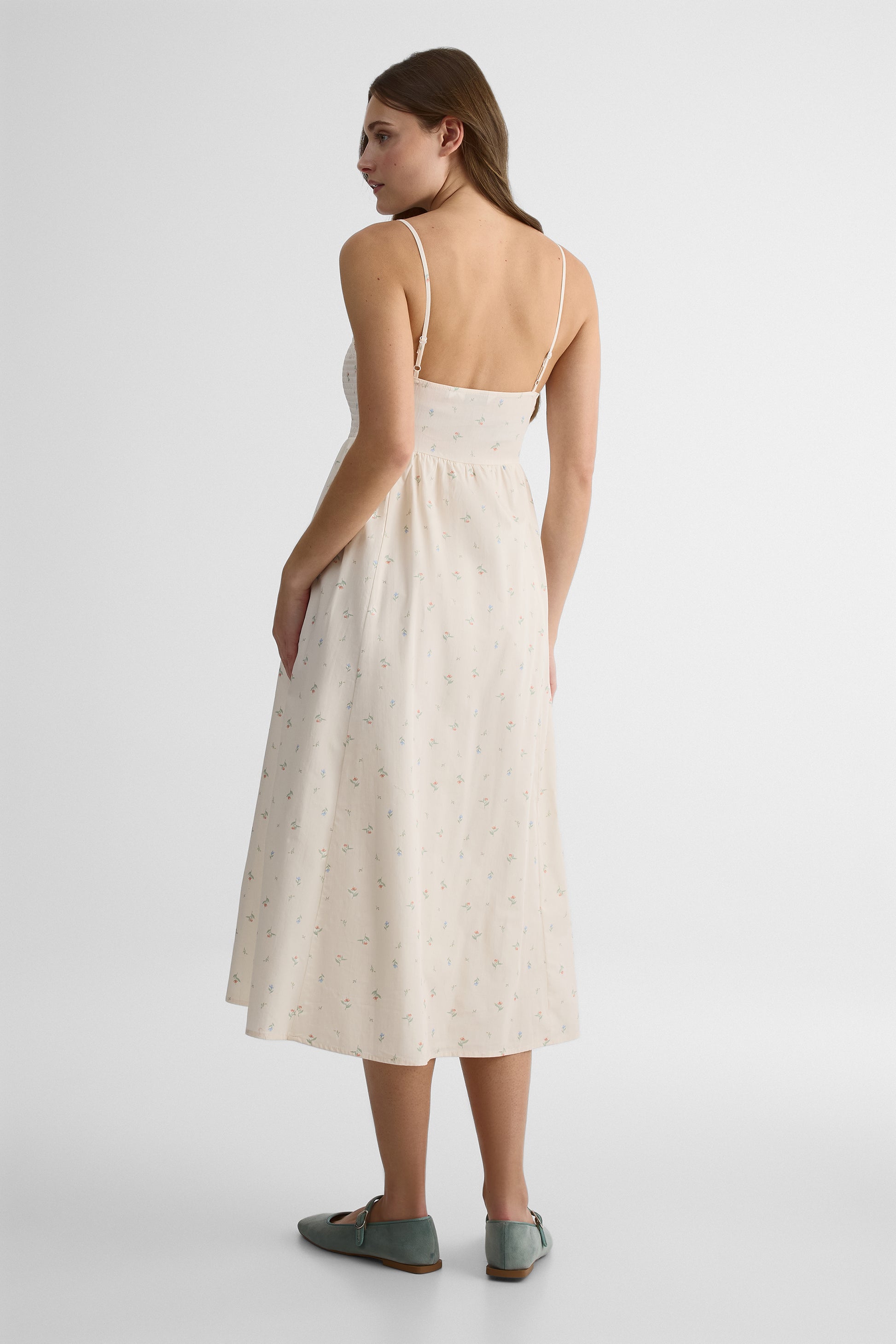 Robe midi à bretelles smocking - Femme && BEIGE/MULTI