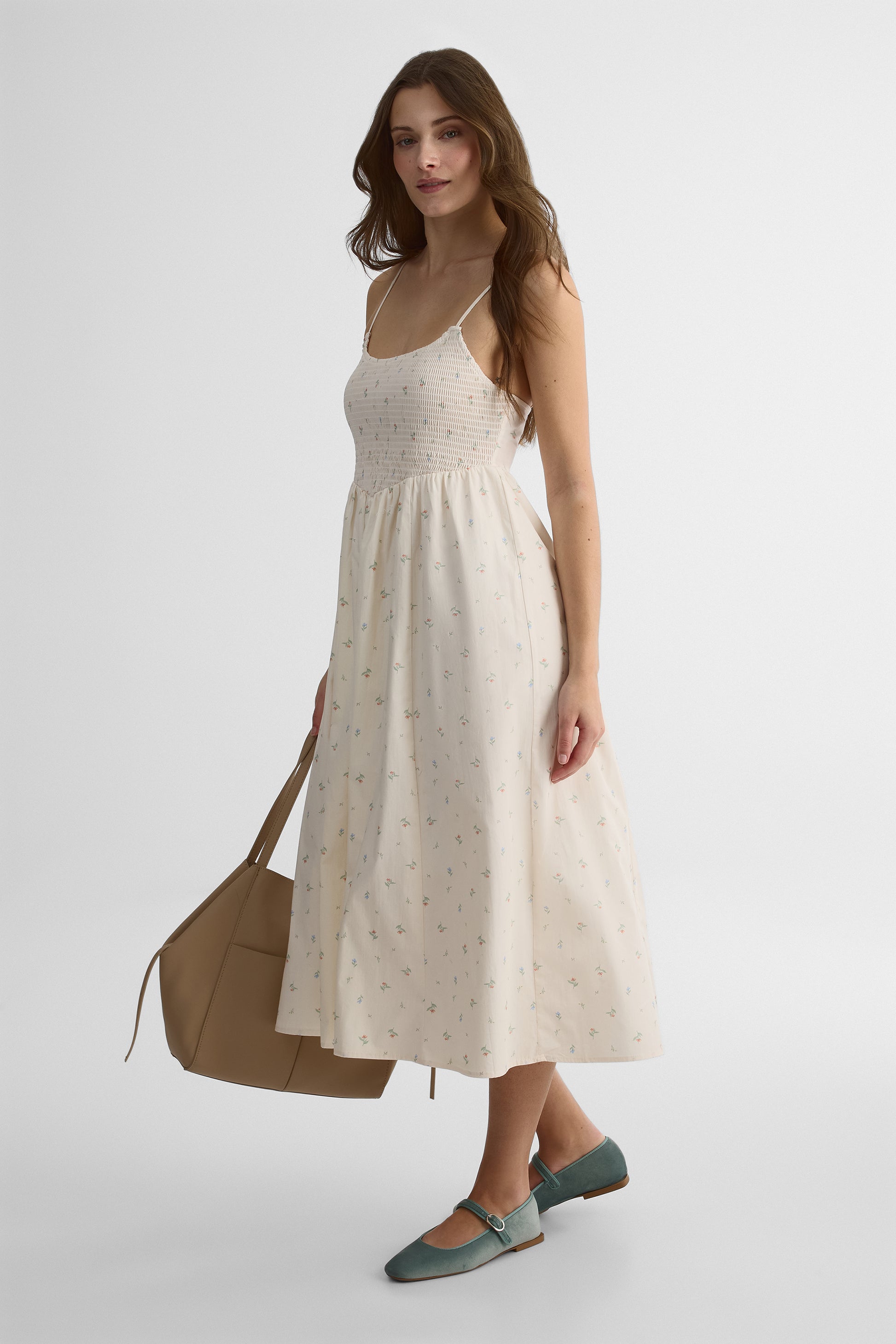 Robe midi à bretelles smocking - Femme && BEIGE/MULTI