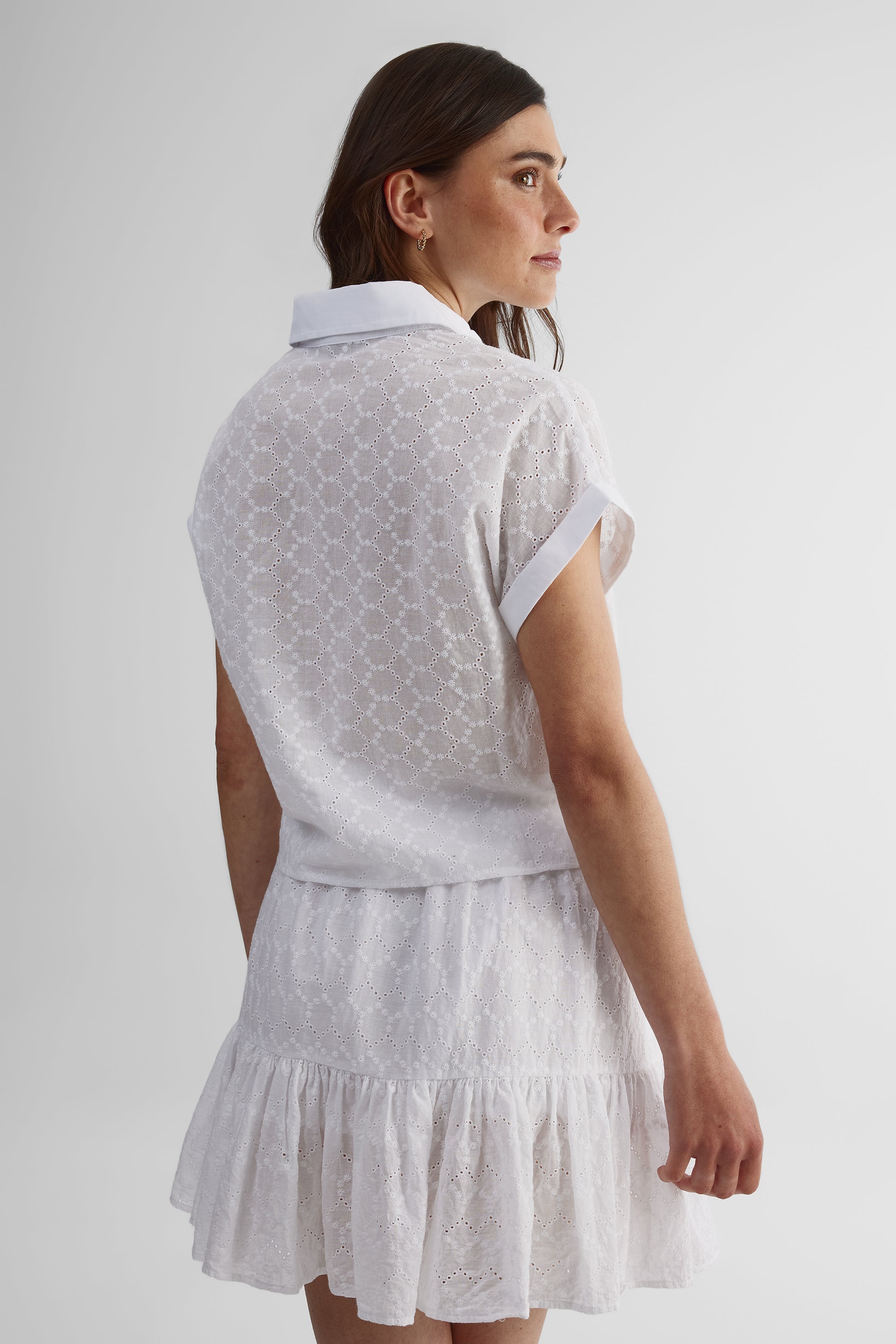 Chemisier dolman noué à boutons broderie anglaise - Femme && BLANC