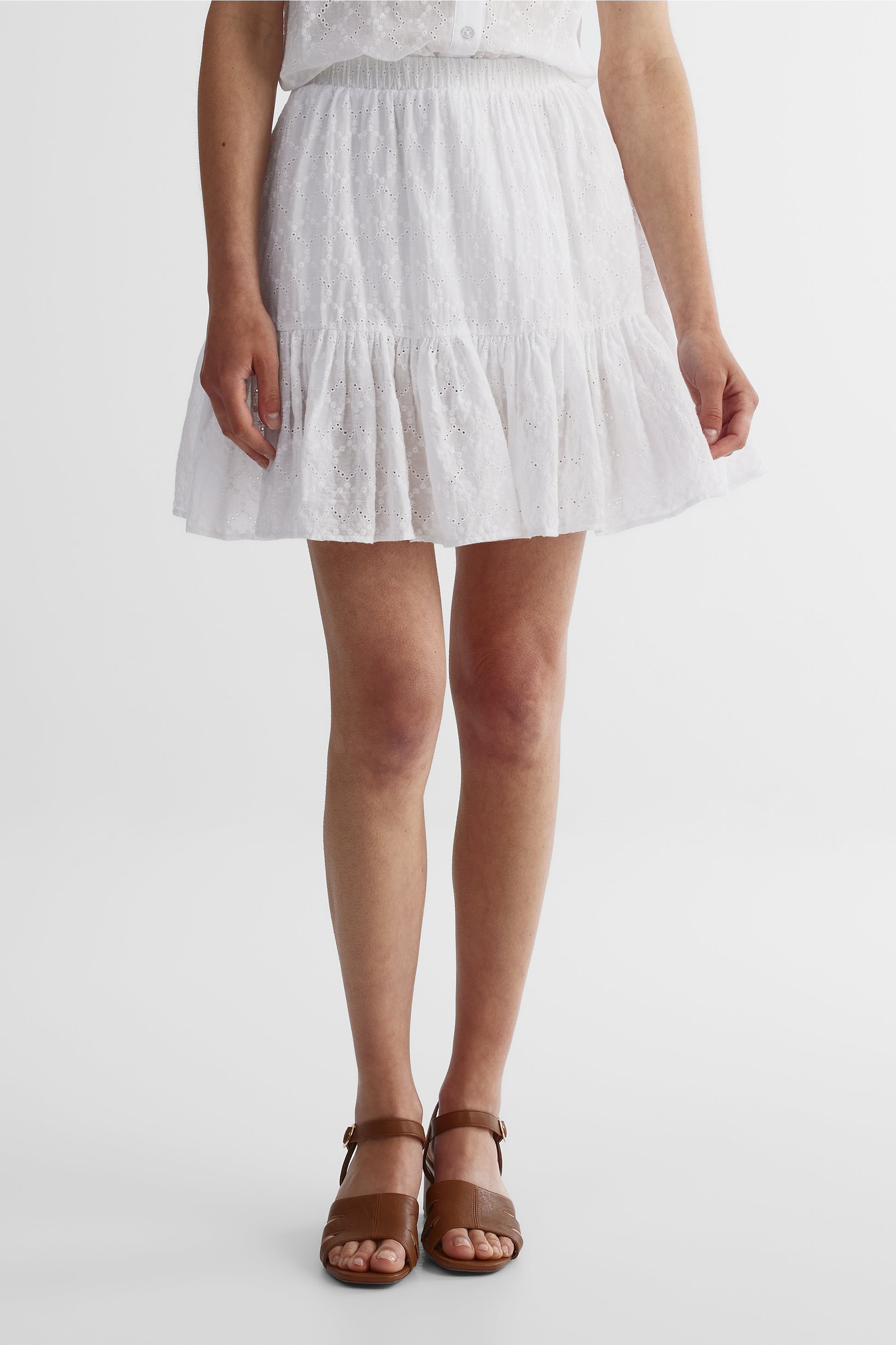 Jupe taille haute doublée en broderie anglaise - Femme && BLANC