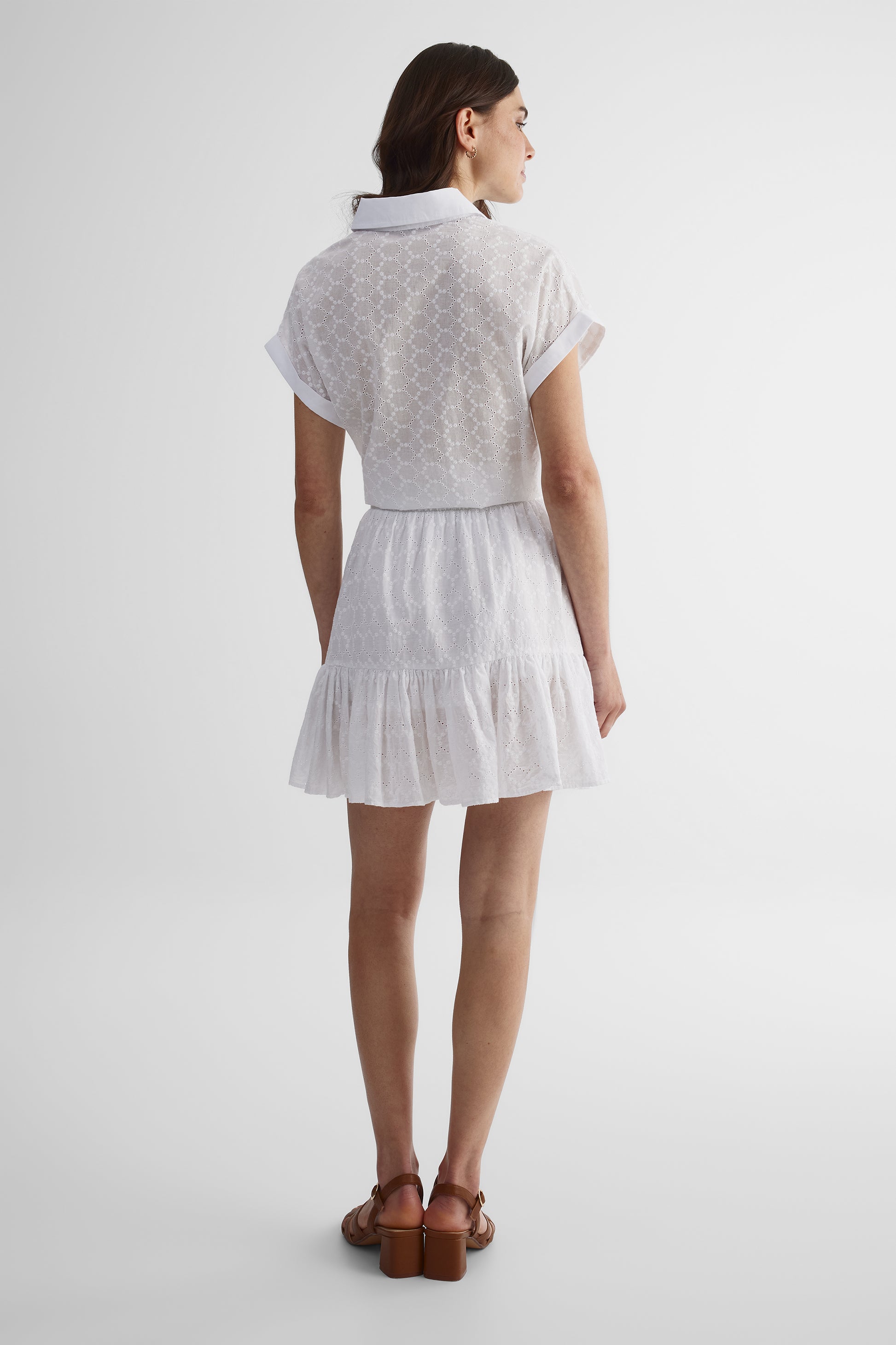Jupe taille haute doublée en broderie anglaise - Femme && BLANC