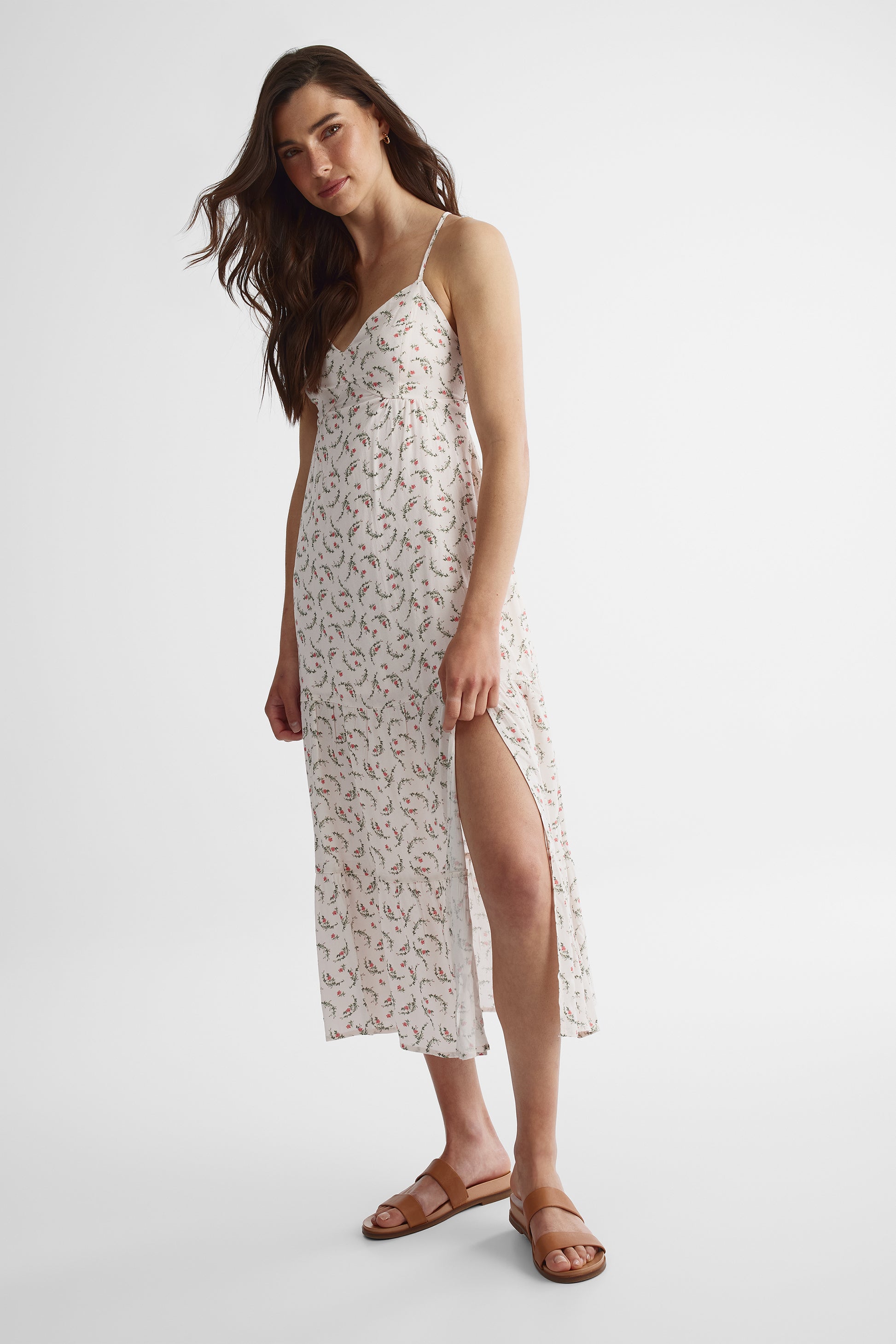 Robe cami midi ouverte devant imprimée - Femme && ROSE MULTI