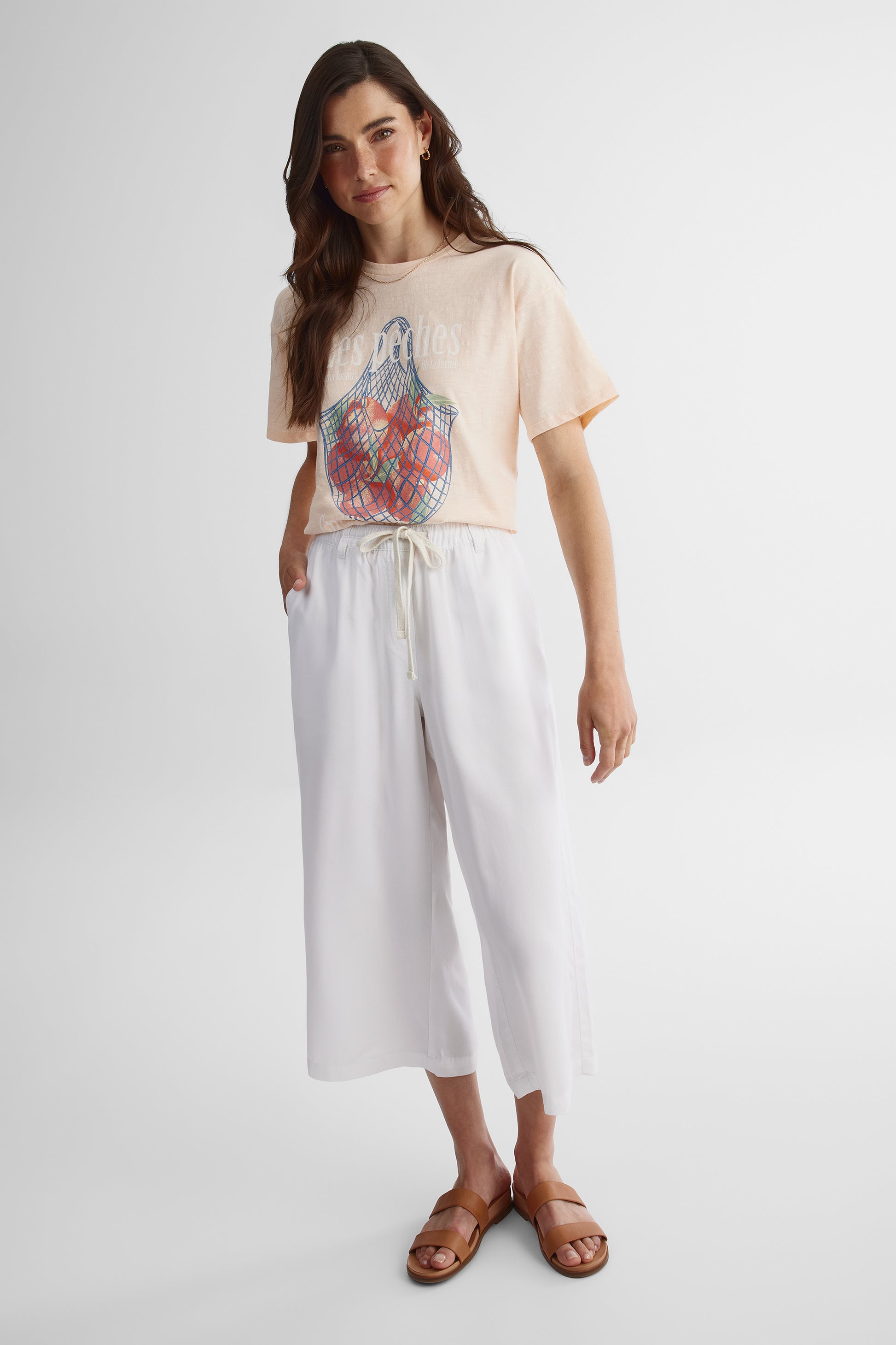 Capri jambe large à cordon en lyocell - Femme && BLANC