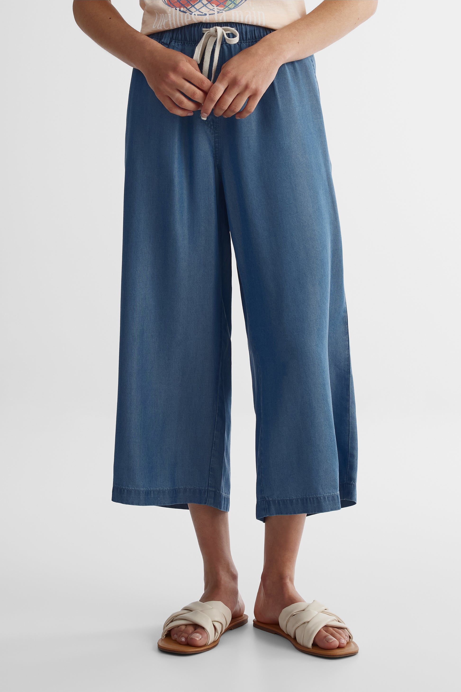 Capri jambe large à cordon en lyocell - Femme && BLEU