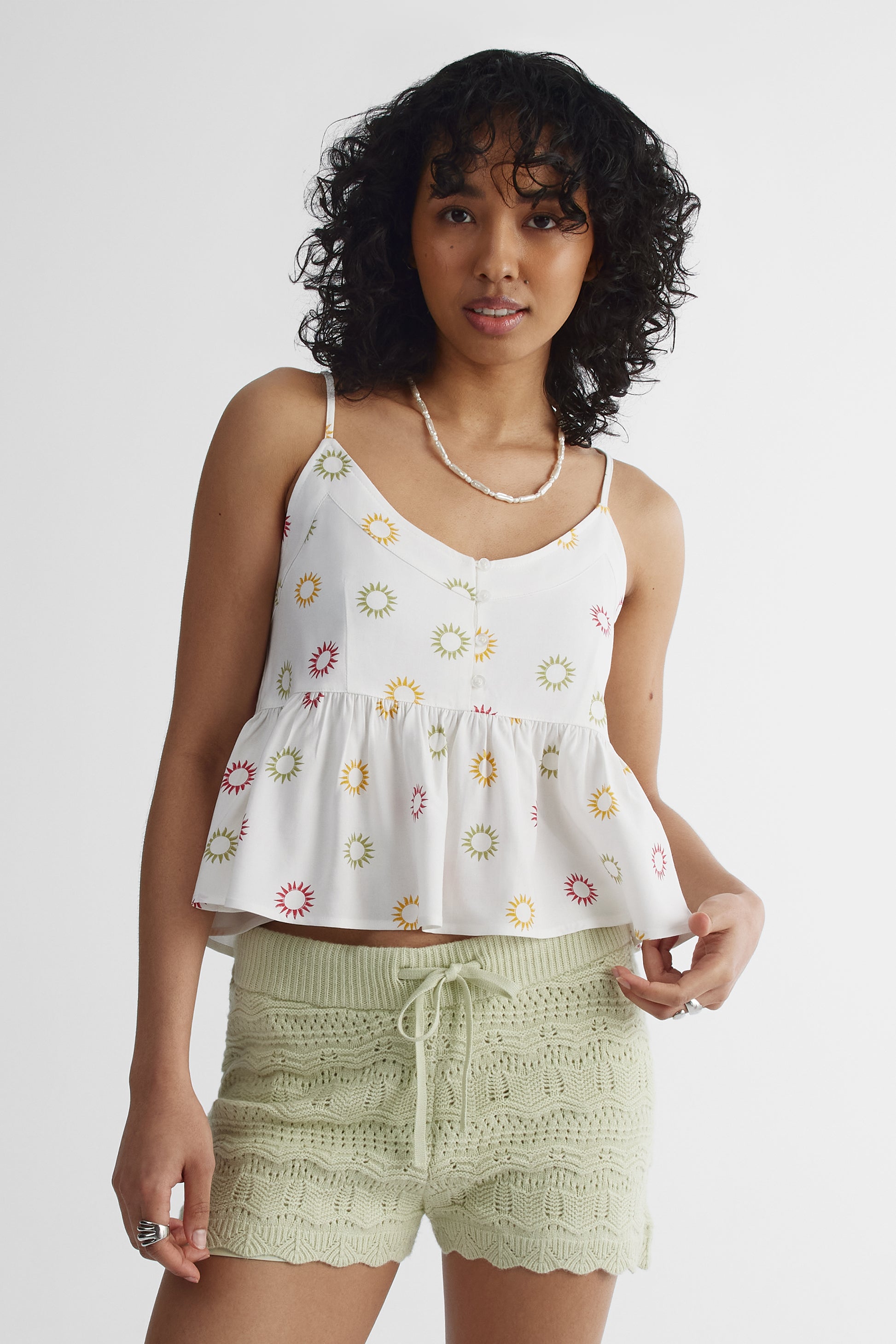 Blouse péplum sans manches à boutons - Jeune femme && BEIGE/MULTI