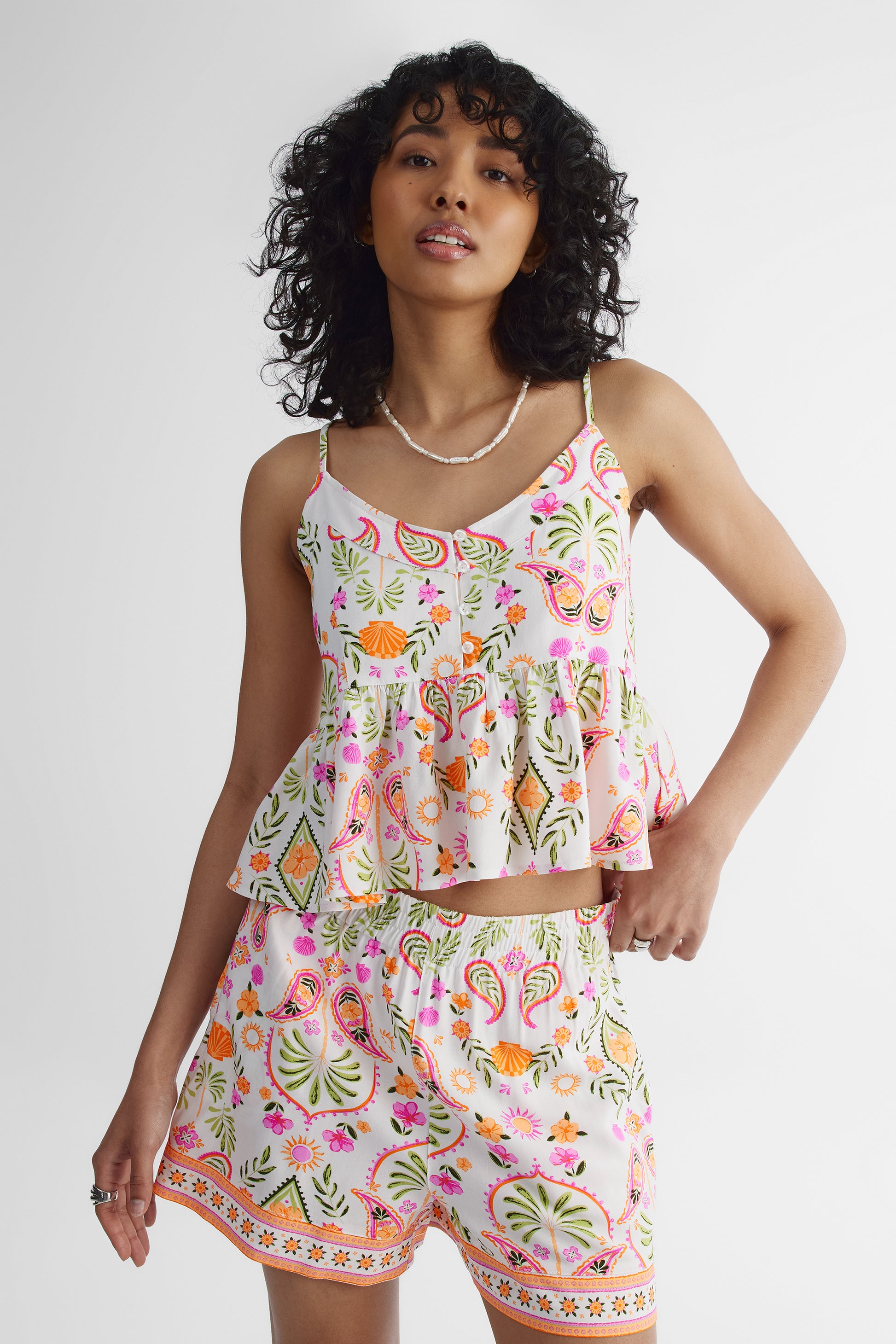 Blouse péplum sans manches à boutons - Jeune femme && BLANC CASSÉ/MULTI