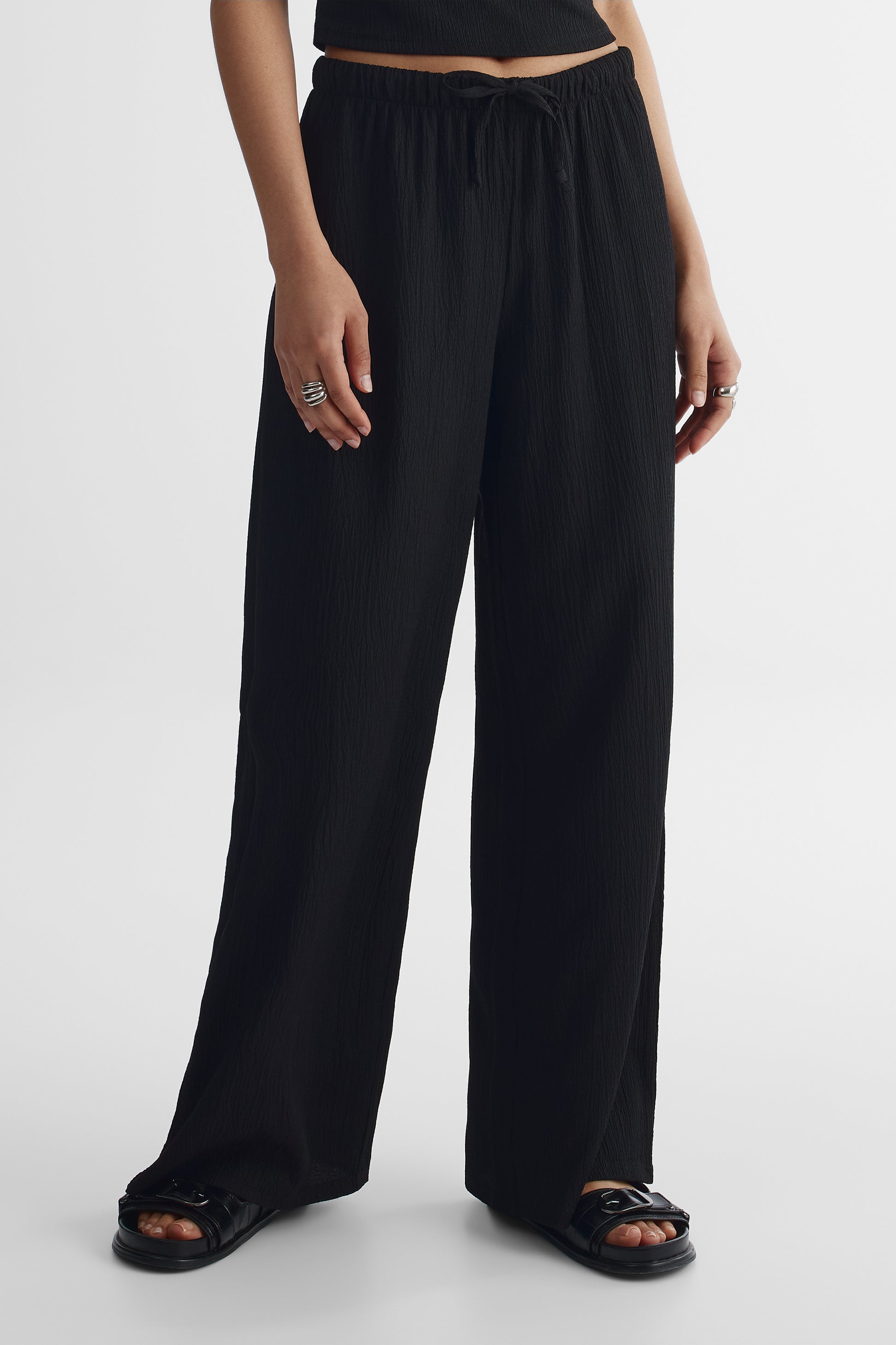 Pantalon jambes larges texturé à cordon - Jeune femme && NOIR