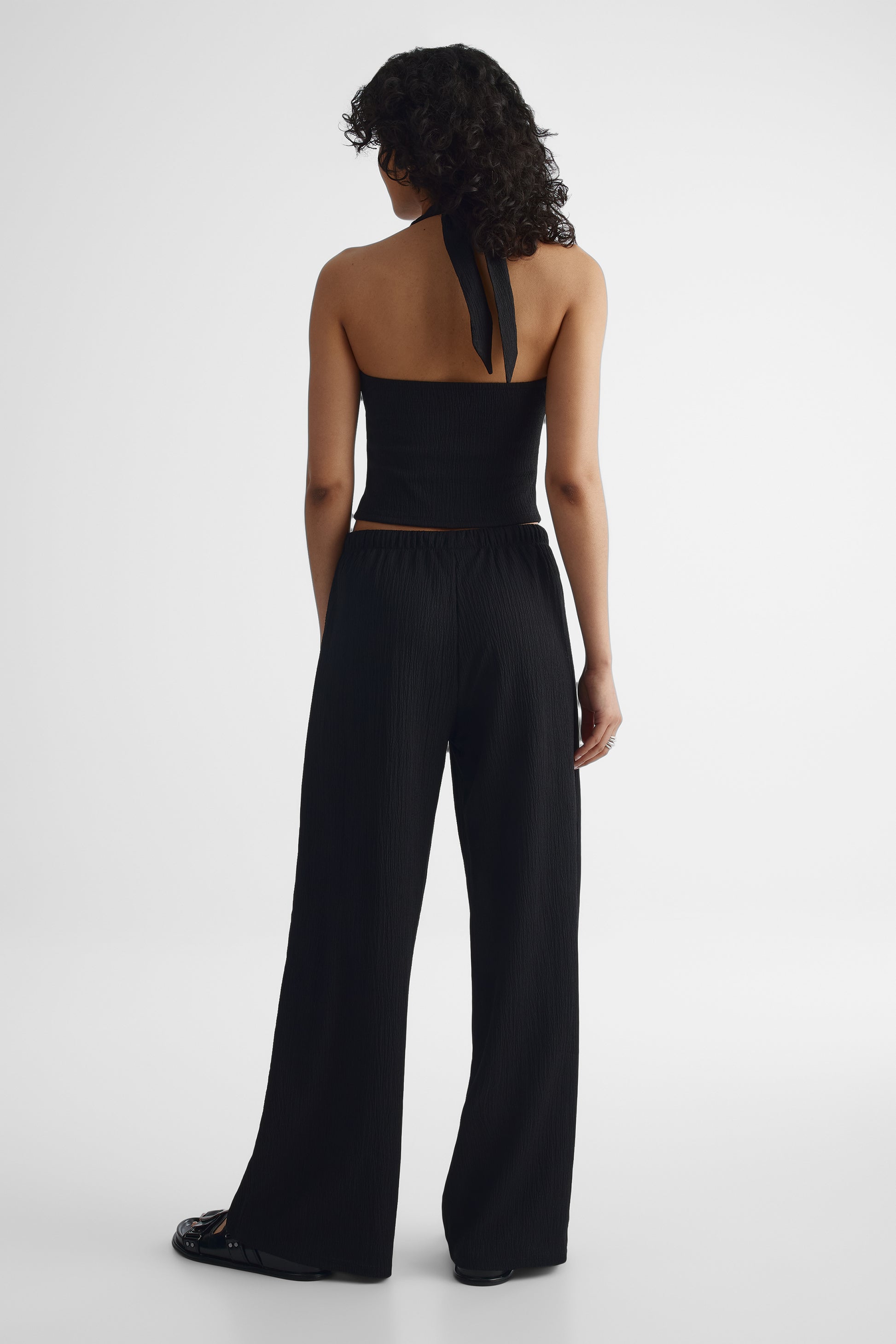 Pantalon jambes larges texturé à cordon - Jeune femme && NOIR