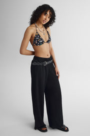 Pantalon jambes larges texturé à cordon - Jeune femme && NOIR