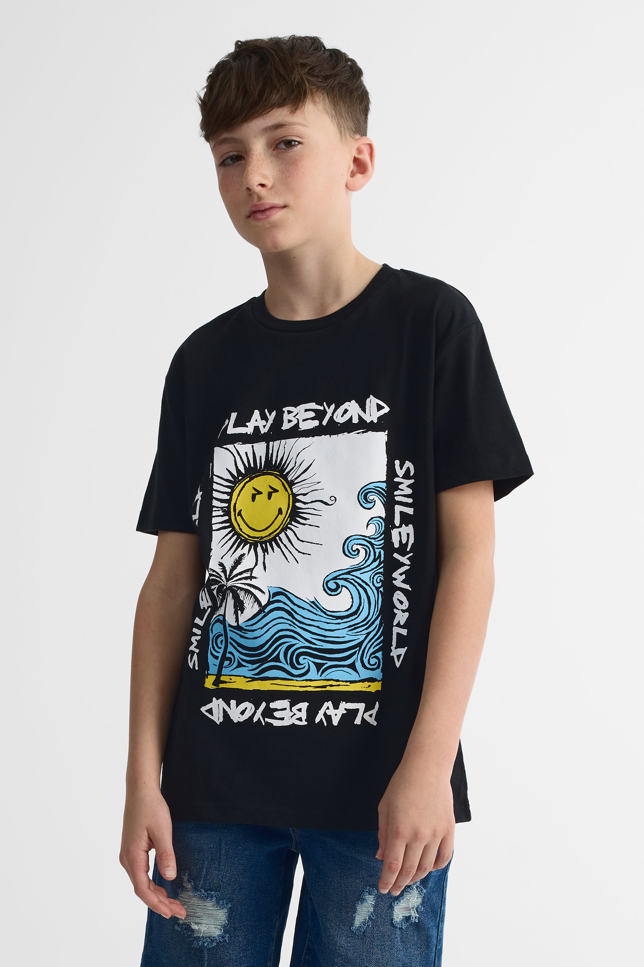 T-shirt à manches courtes col rond imprimé - Ado garçon && NOIR
