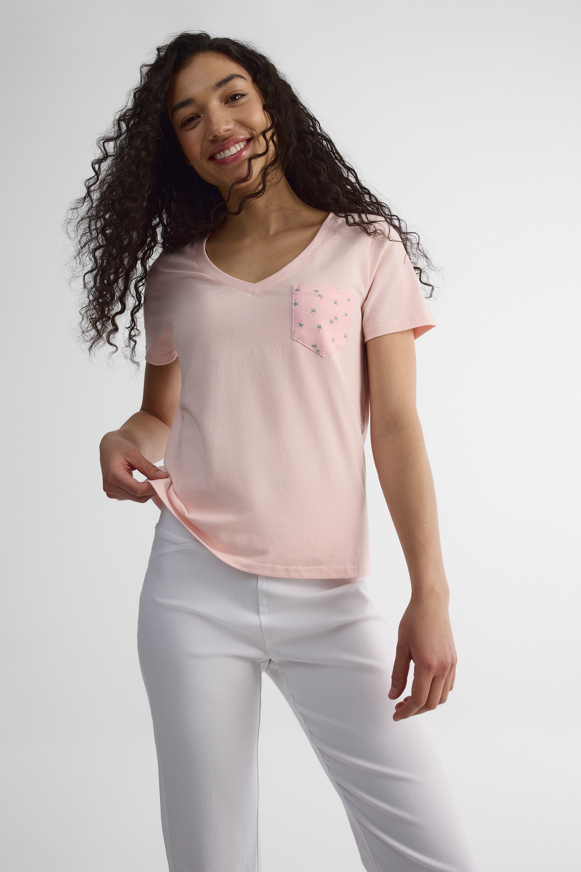 T-shirt col V poche contrastante 2/30$ - Femme && ROSE