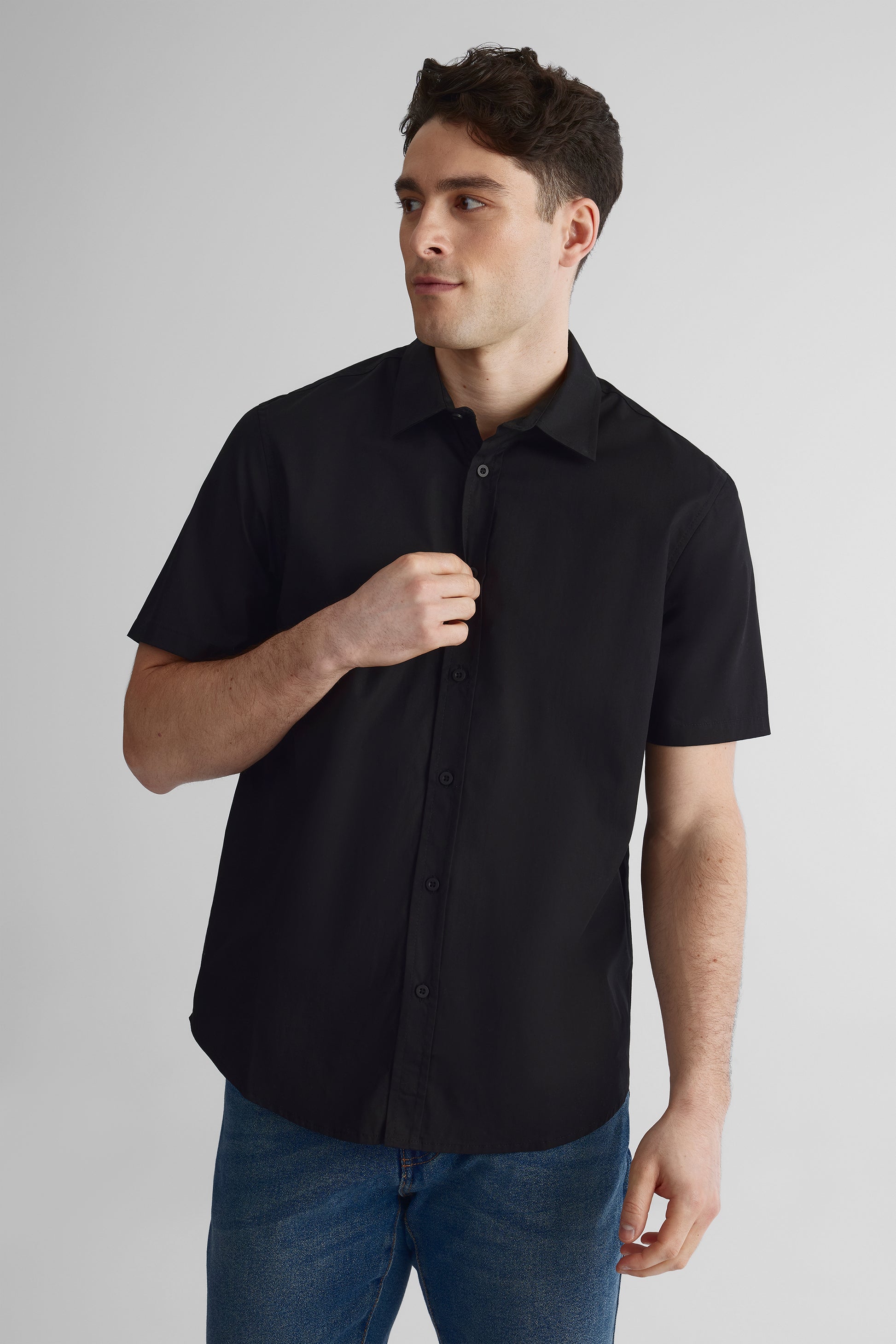 Chemise à manches courtes en poplin imprimée - Homme && NOIR