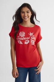 T-shirt col bateau imprimé graphique - Femme && ROUGE
