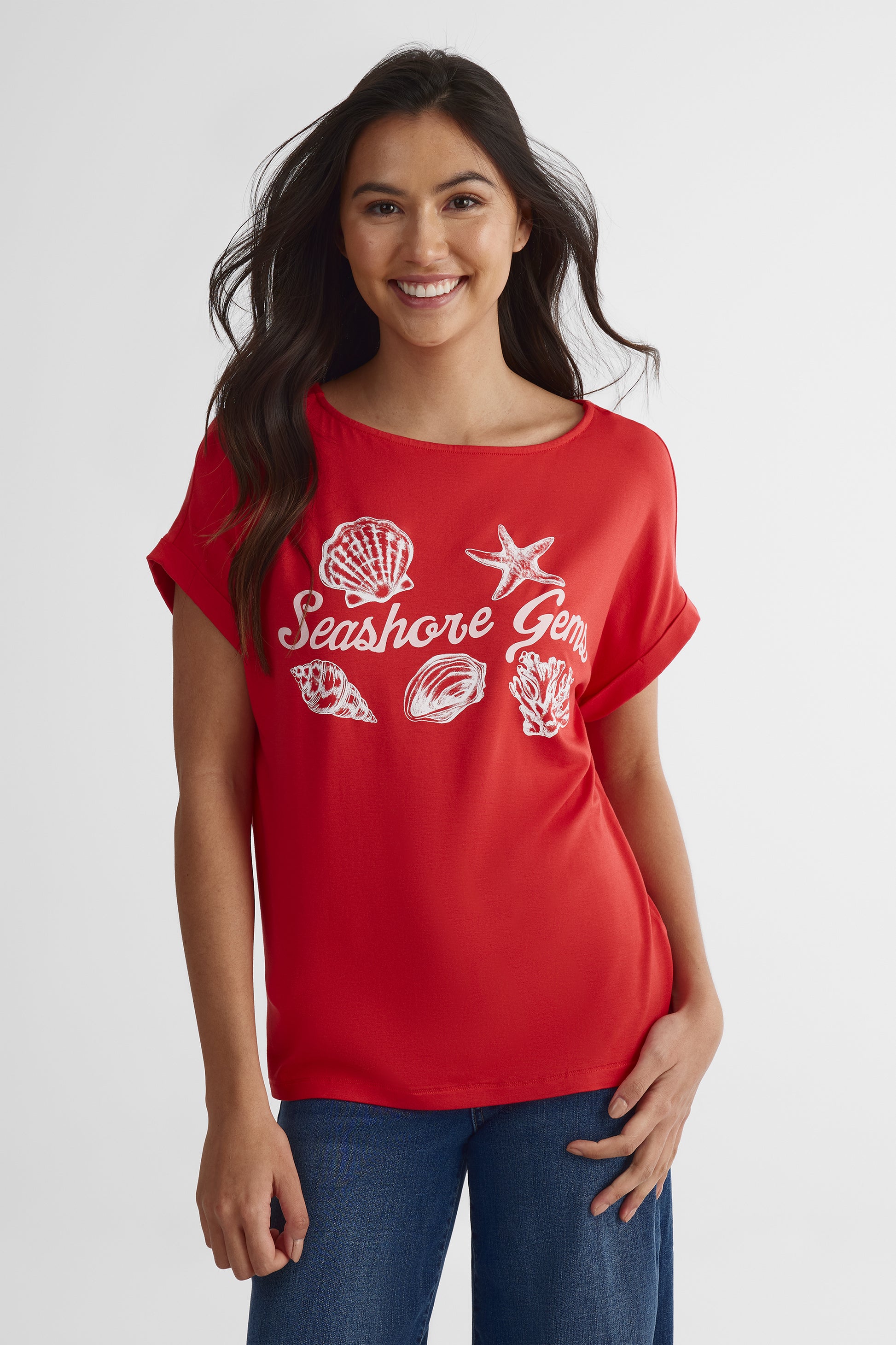 T-shirt col bateau imprimé graphique - Femme && ROUGE