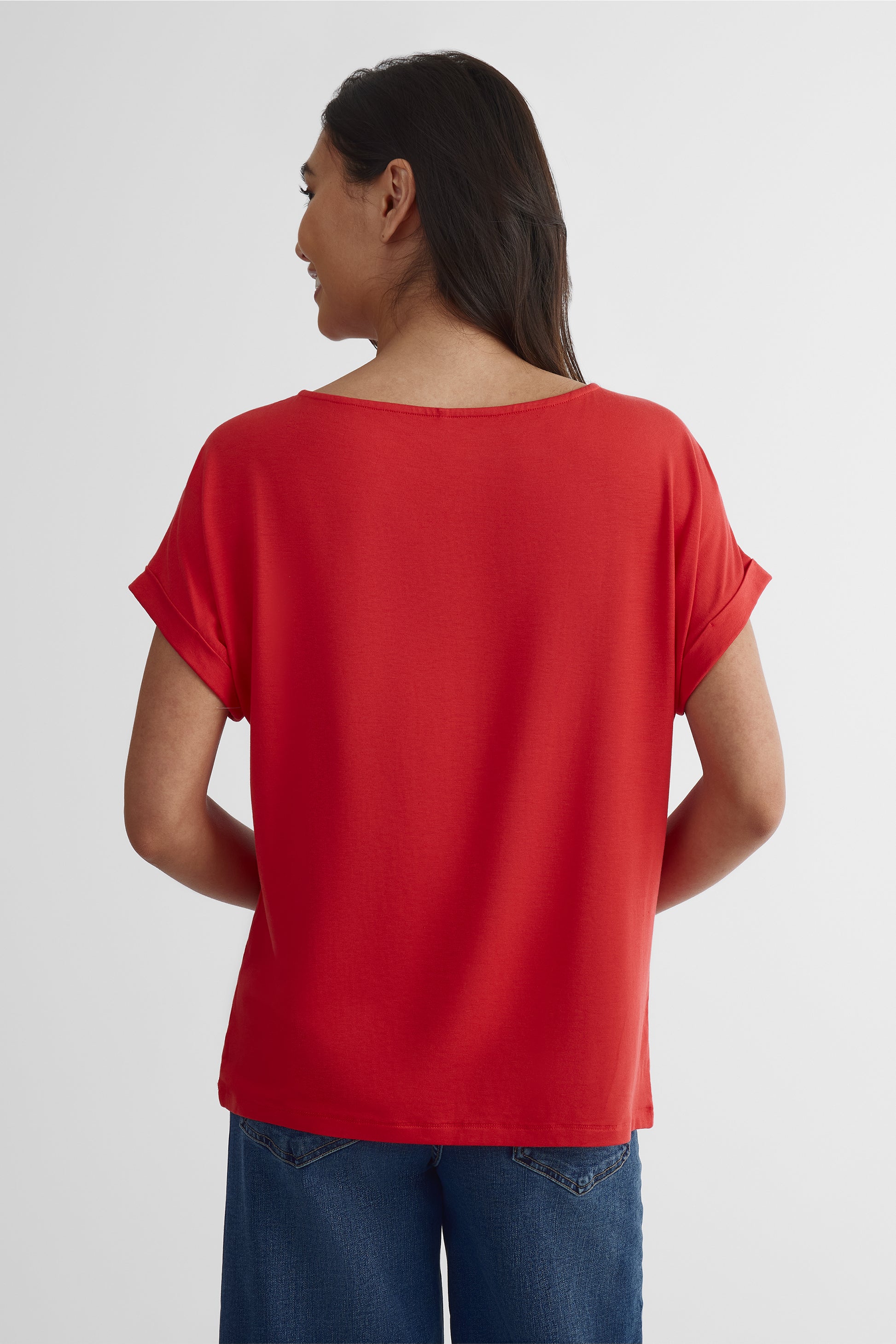 T-shirt col bateau imprimé graphique - Femme && ROUGE