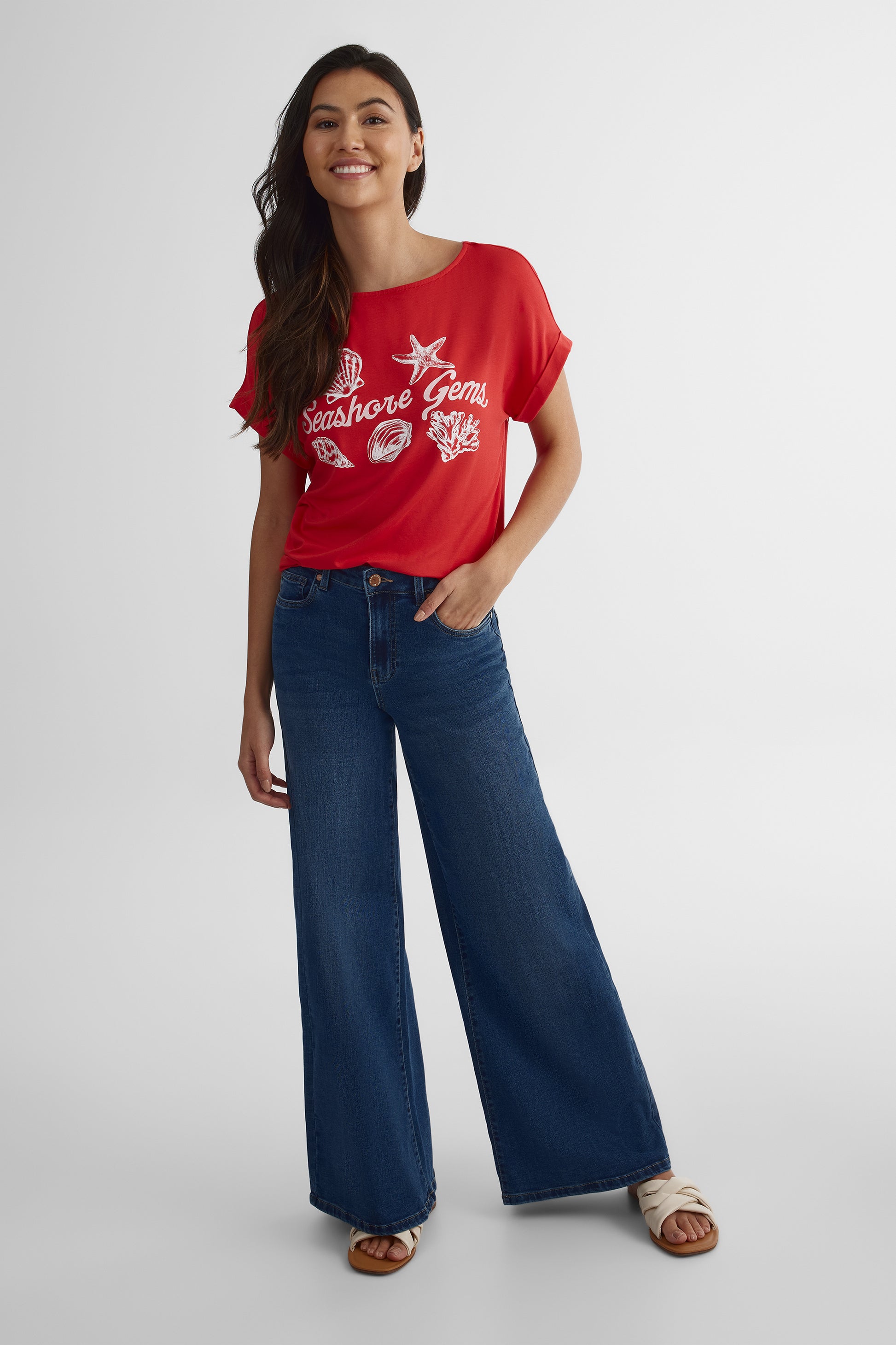T-shirt col bateau imprimé graphique - Femme && ROUGE