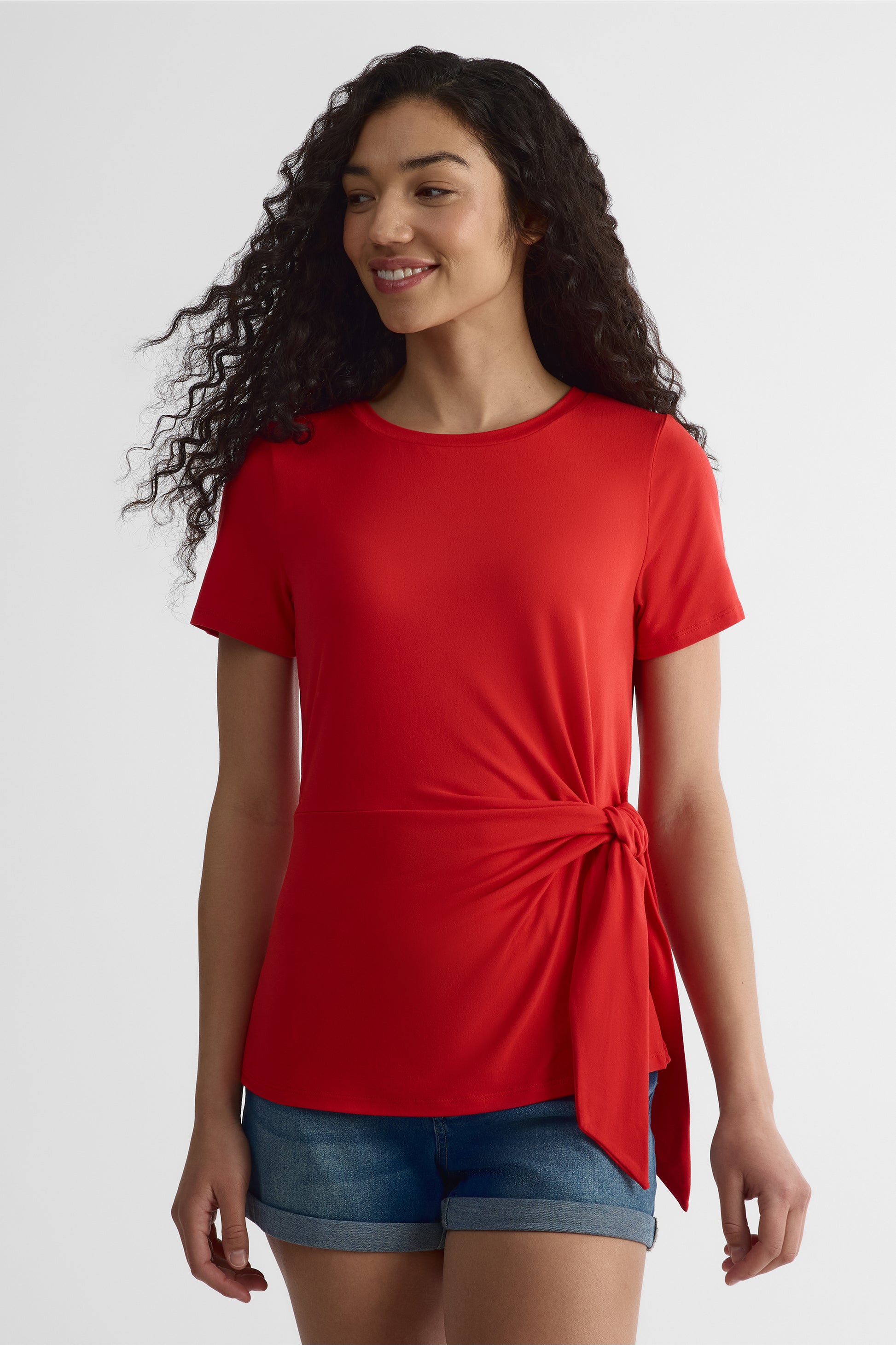 T-shirt col rond nouée au côté - Femme && ROUGE