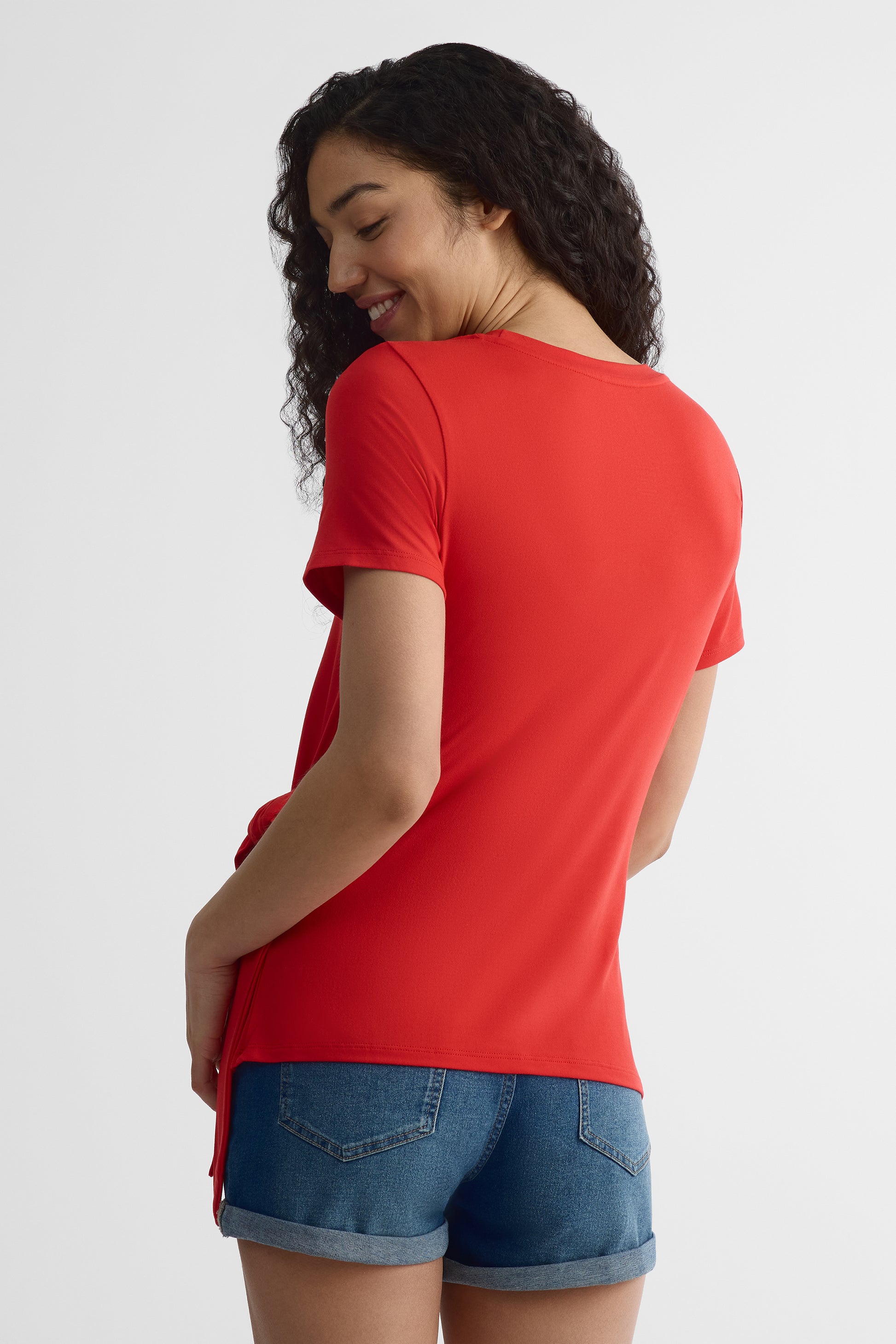 T-shirt col rond nouée au côté - Femme && ROUGE