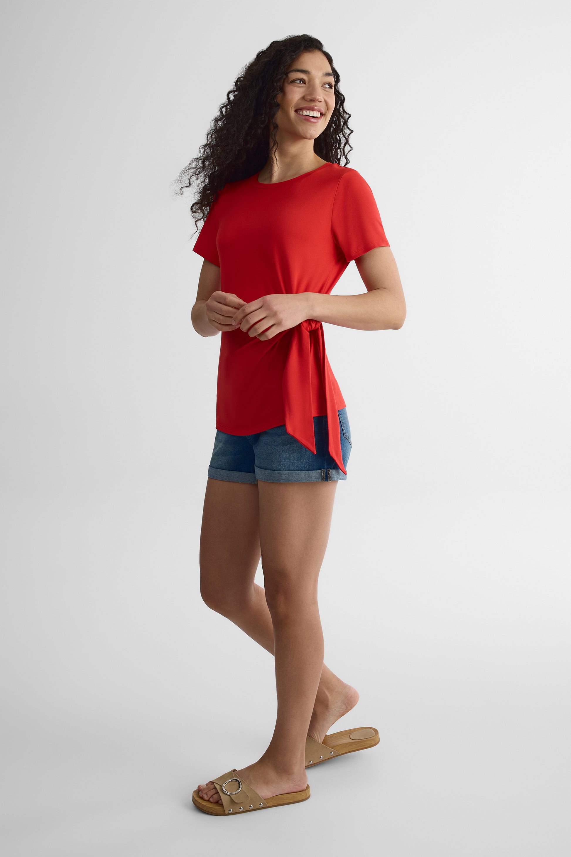T-shirt col rond nouée au côté - Femme && ROUGE