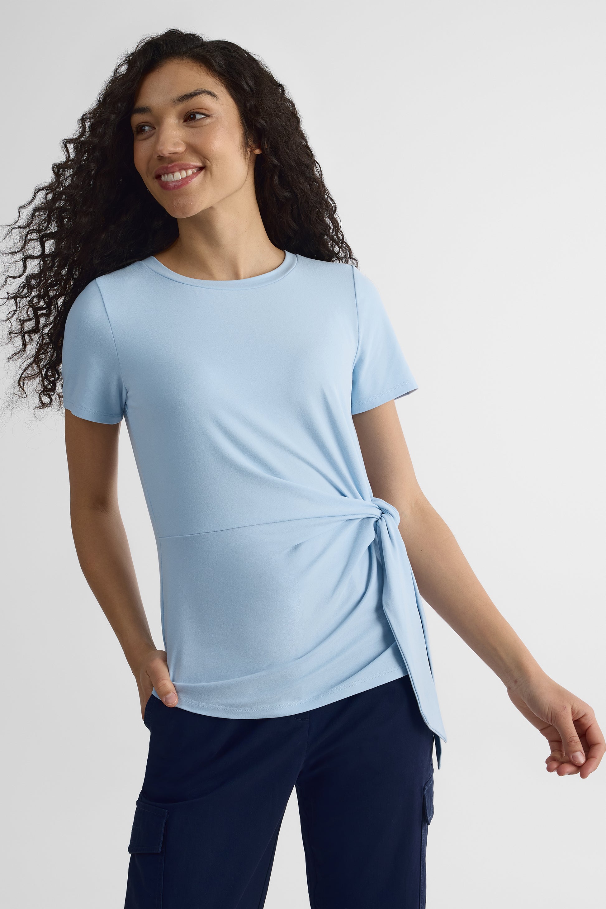 T-shirt col rond nouée au côté - Femme && BLEU
