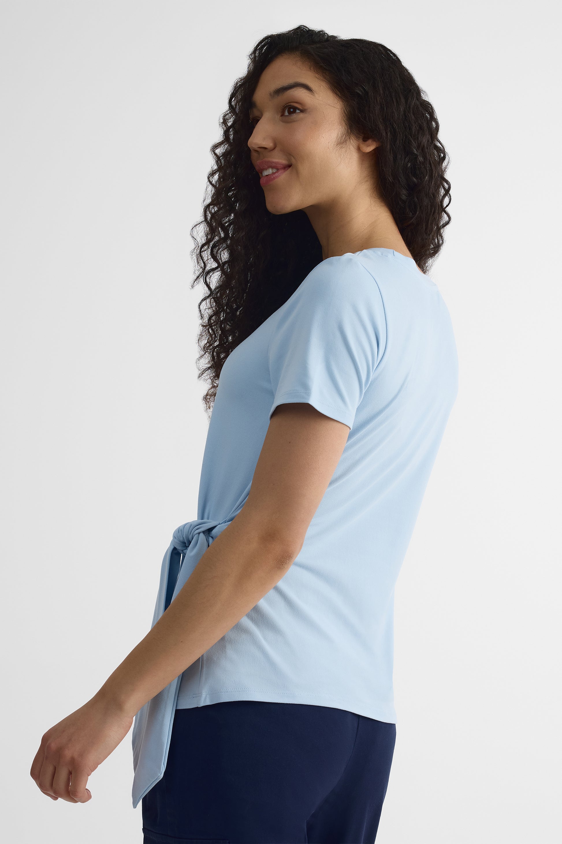 T-shirt col rond nouée au côté - Femme && BLEU