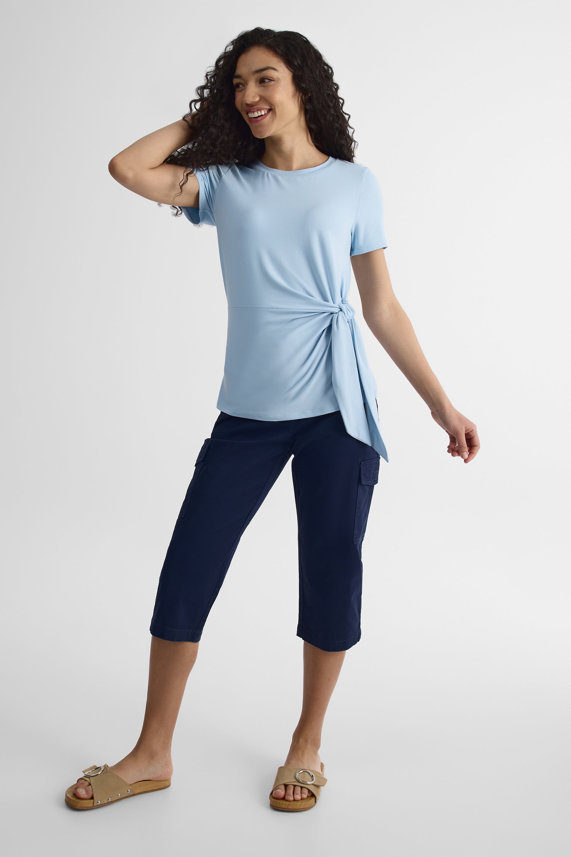 T-shirt col rond nouée au côté - Femme && BLEU