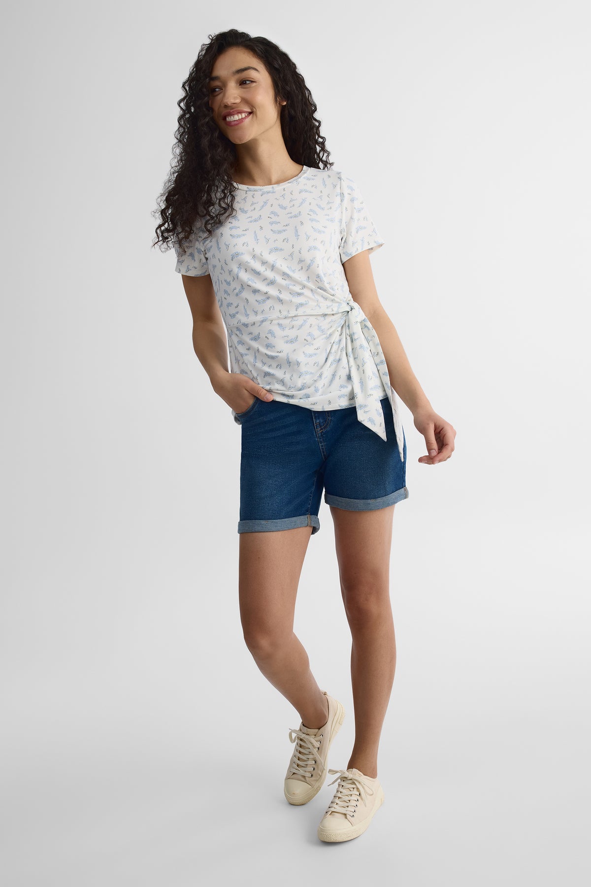T-shirt col rond nouée au côté - Femme && BLANC CASSÉ/MULTI