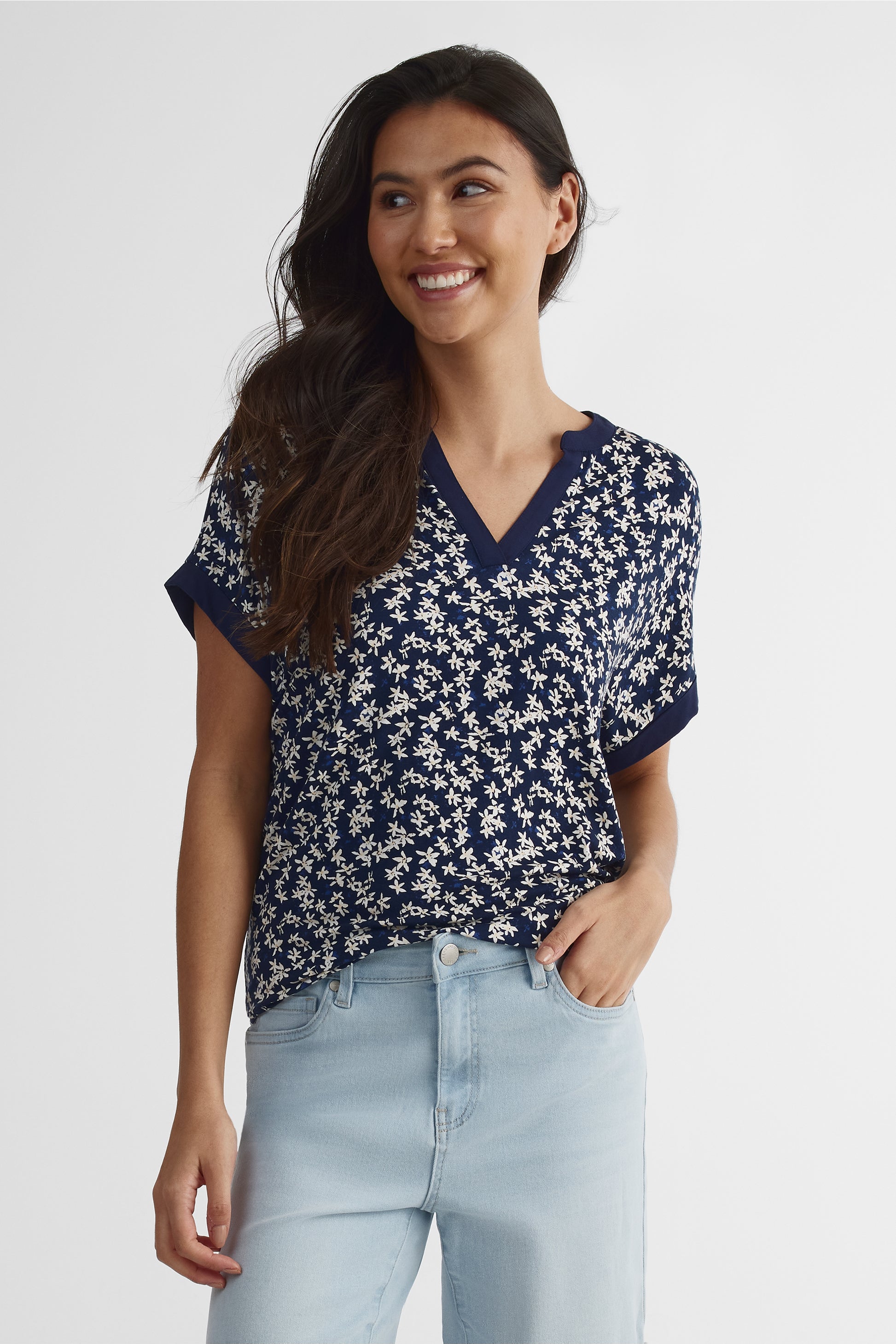 T-shirt dolman col V à plastron - Femme && MARIN/MULTI