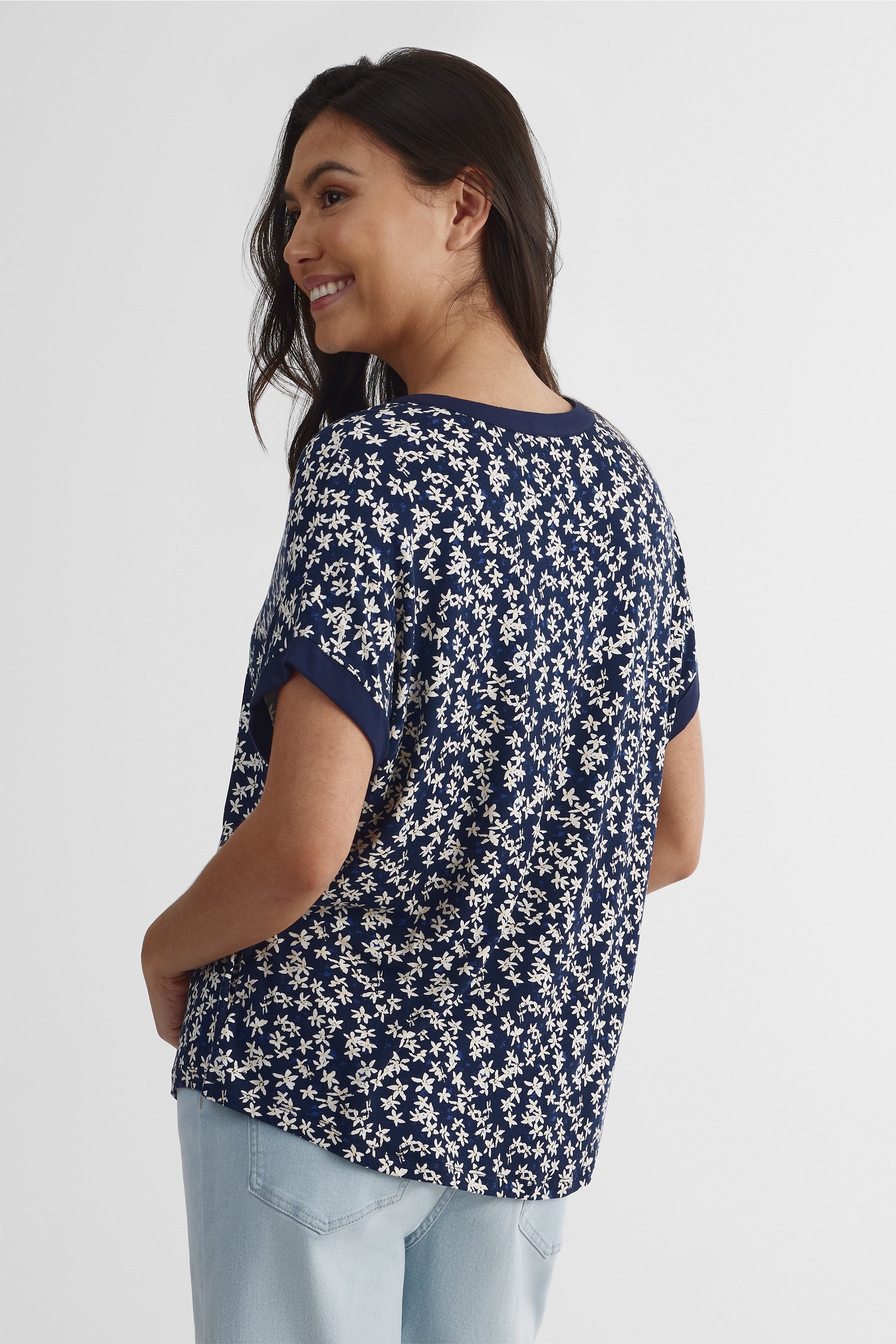 T-shirt dolman col V à plastron - Femme && MARIN/MULTI