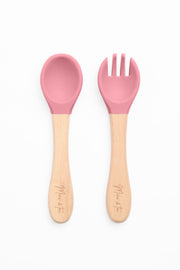 Cuillère et fourchette en bois naturel - Bébé garçon && ROSE