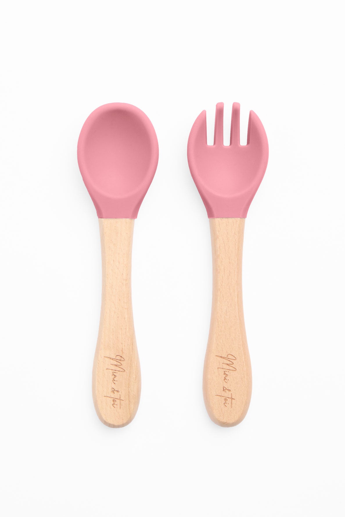 Cuillère et fourchette en bois naturel - Bébé garçon && ROSE