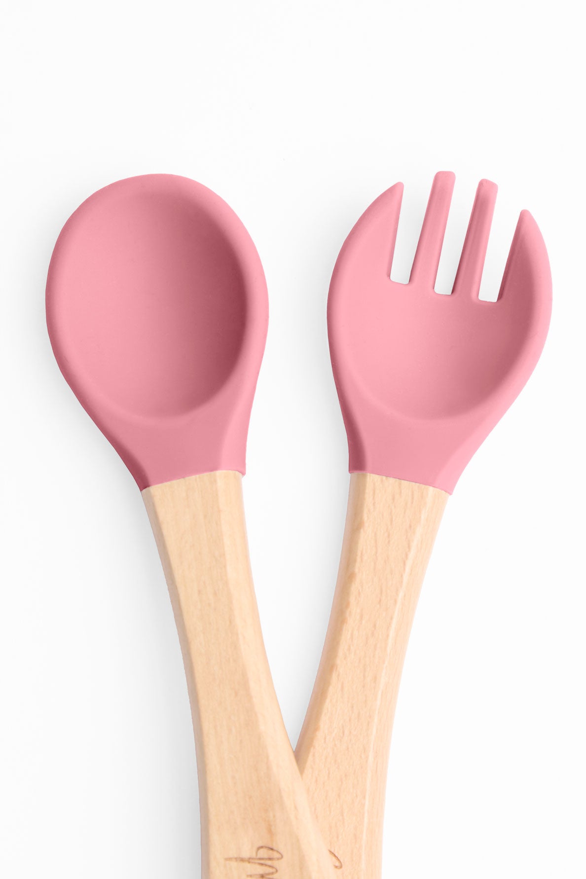 Cuillère et fourchette en bois naturel - Bébé garçon && ROSE