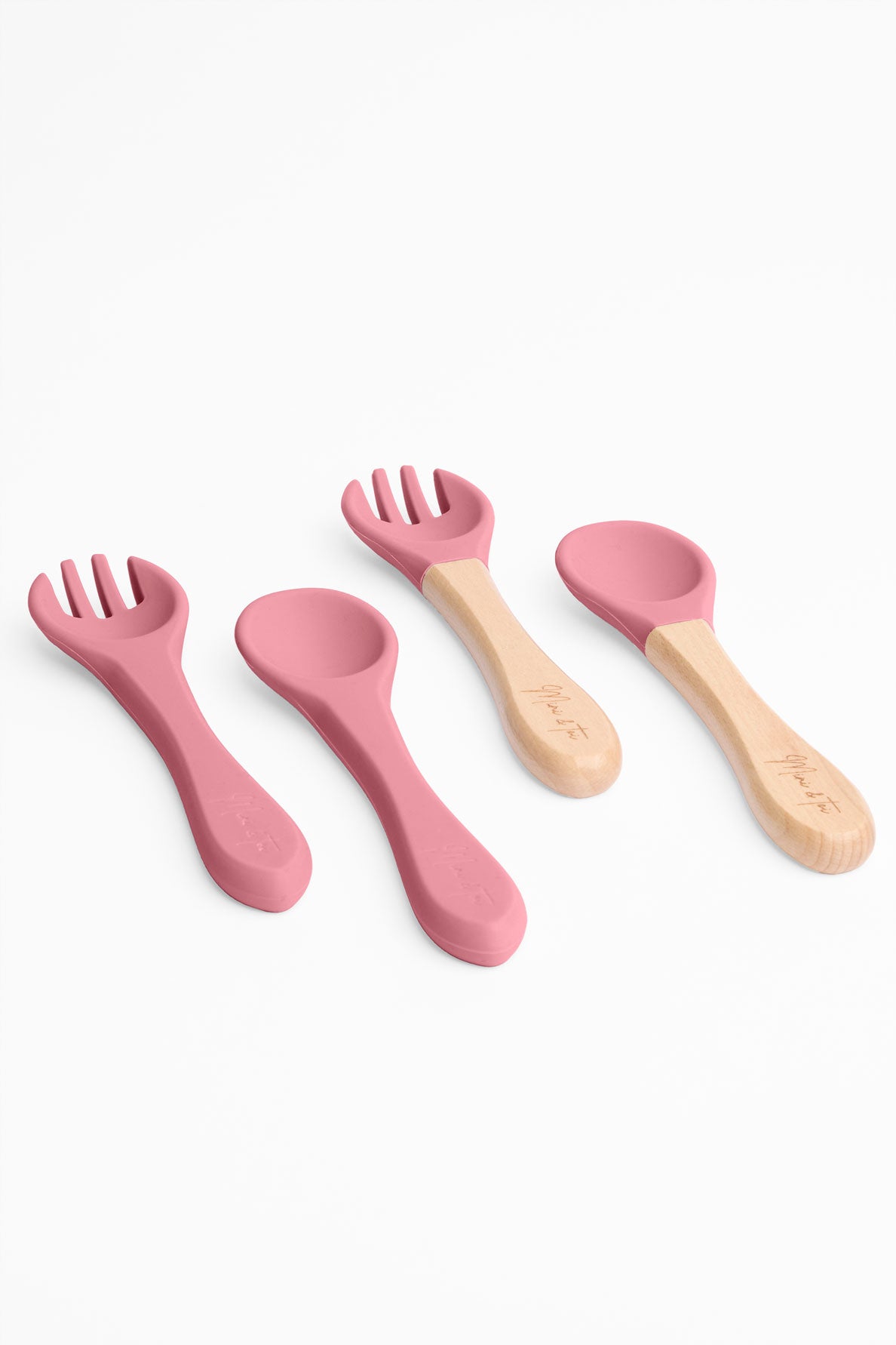Cuillère et fourchette en bois naturel - Bébé garçon && ROSE