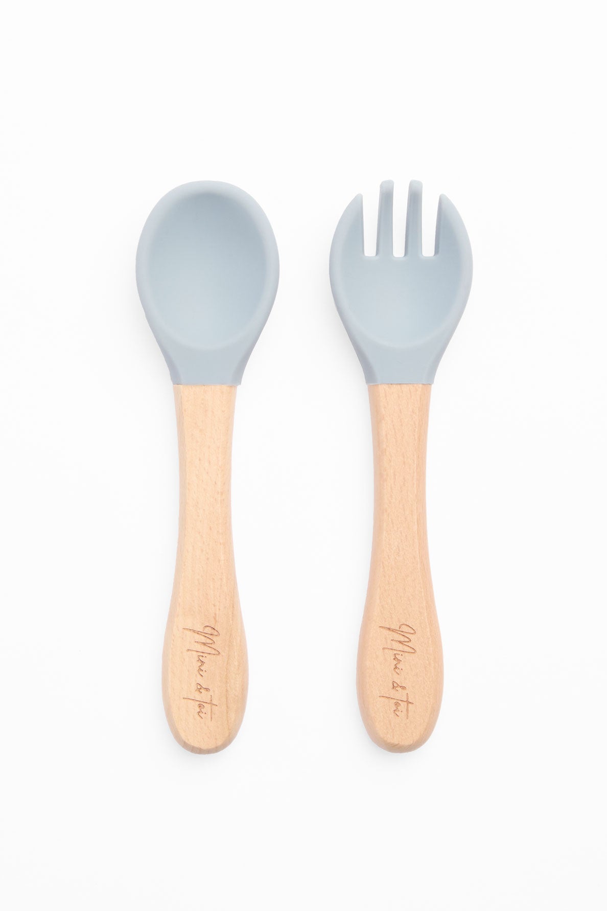 Cuillère et fourchette en bois naturel - Bébé garçon && BLEU